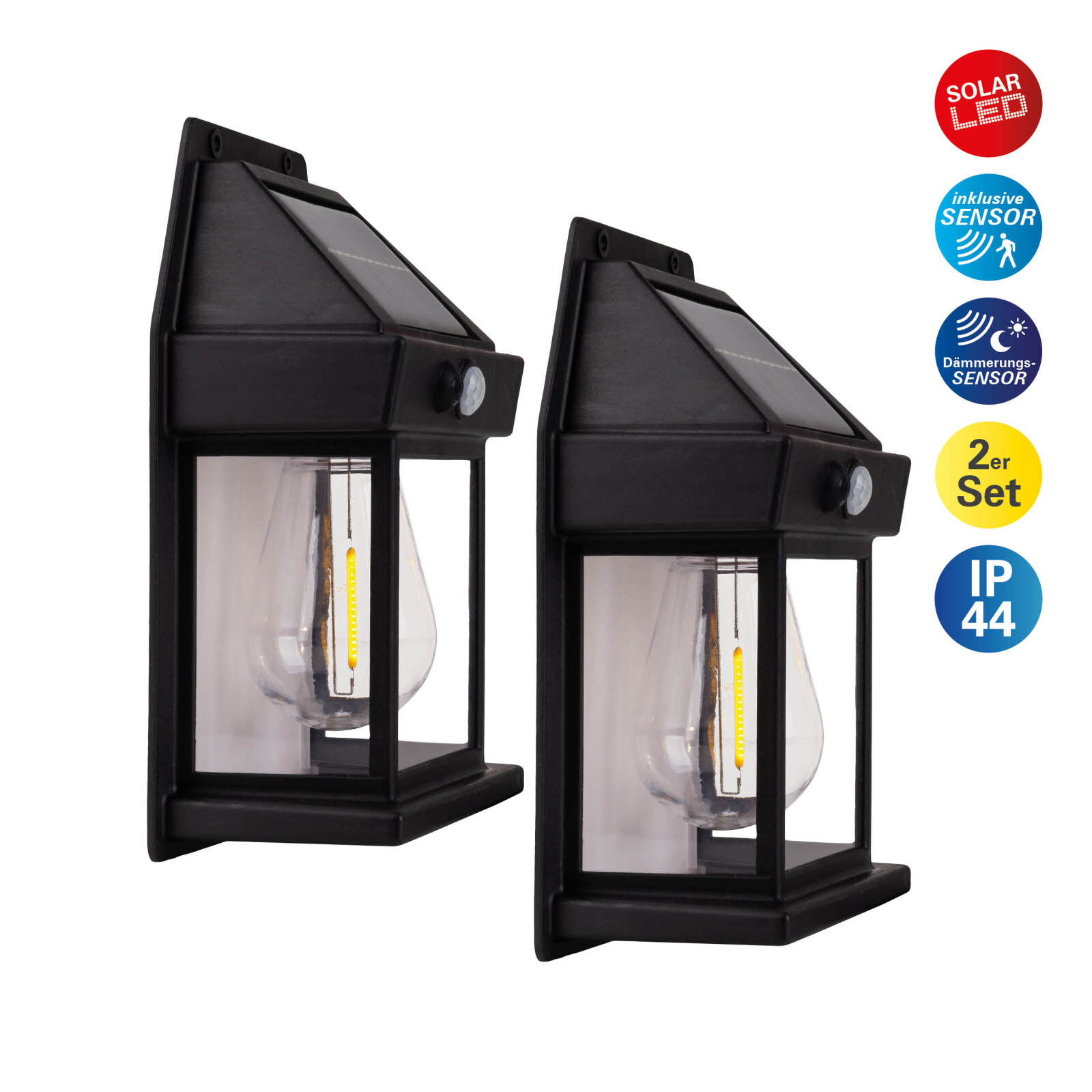 2er-Set LED-Solar-Wandleuchte MIRA - schwarz - Bewegungssensor