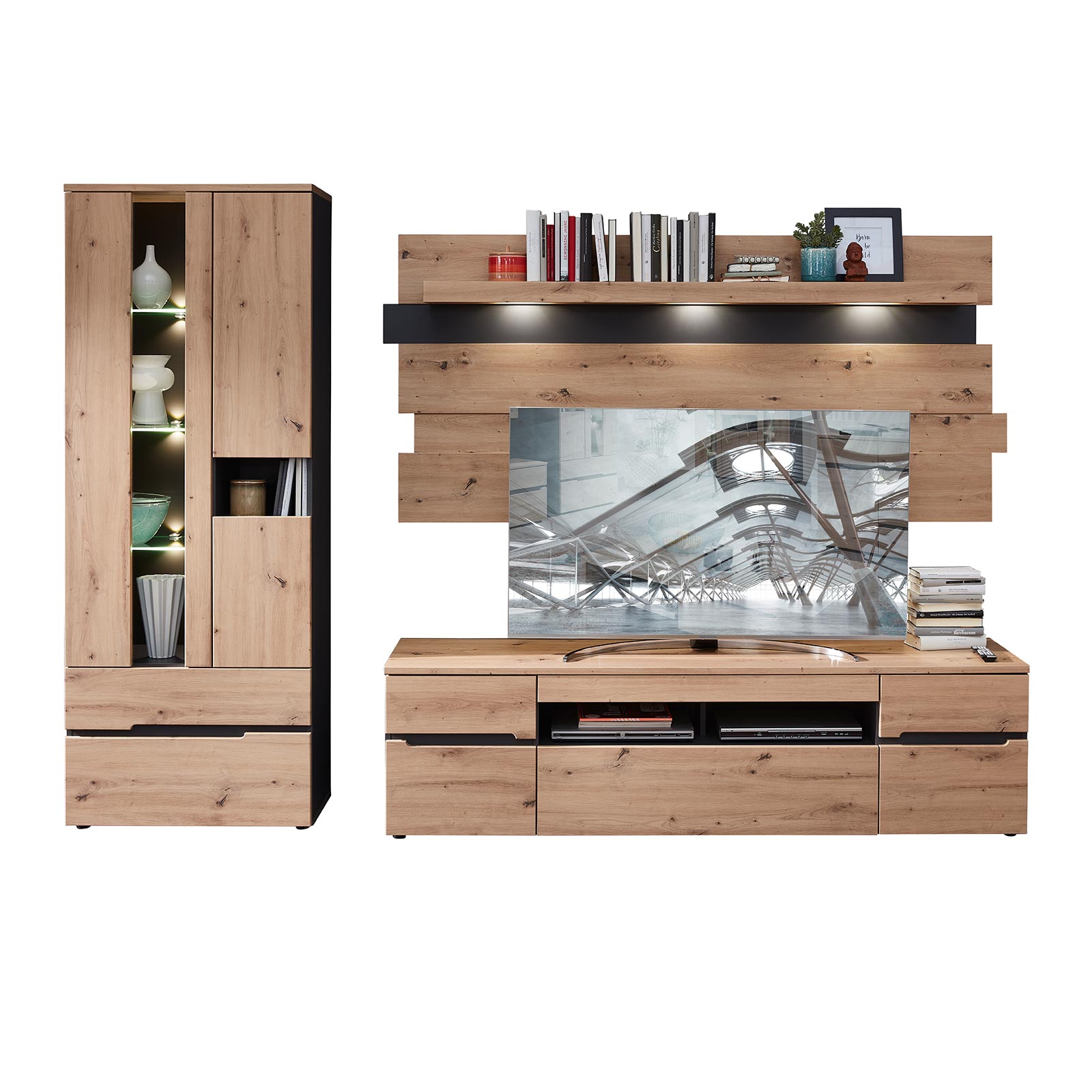3-teilges Wohnwand-Set - Artisan Eiche - graphit - mit LED-Beleuchtung
