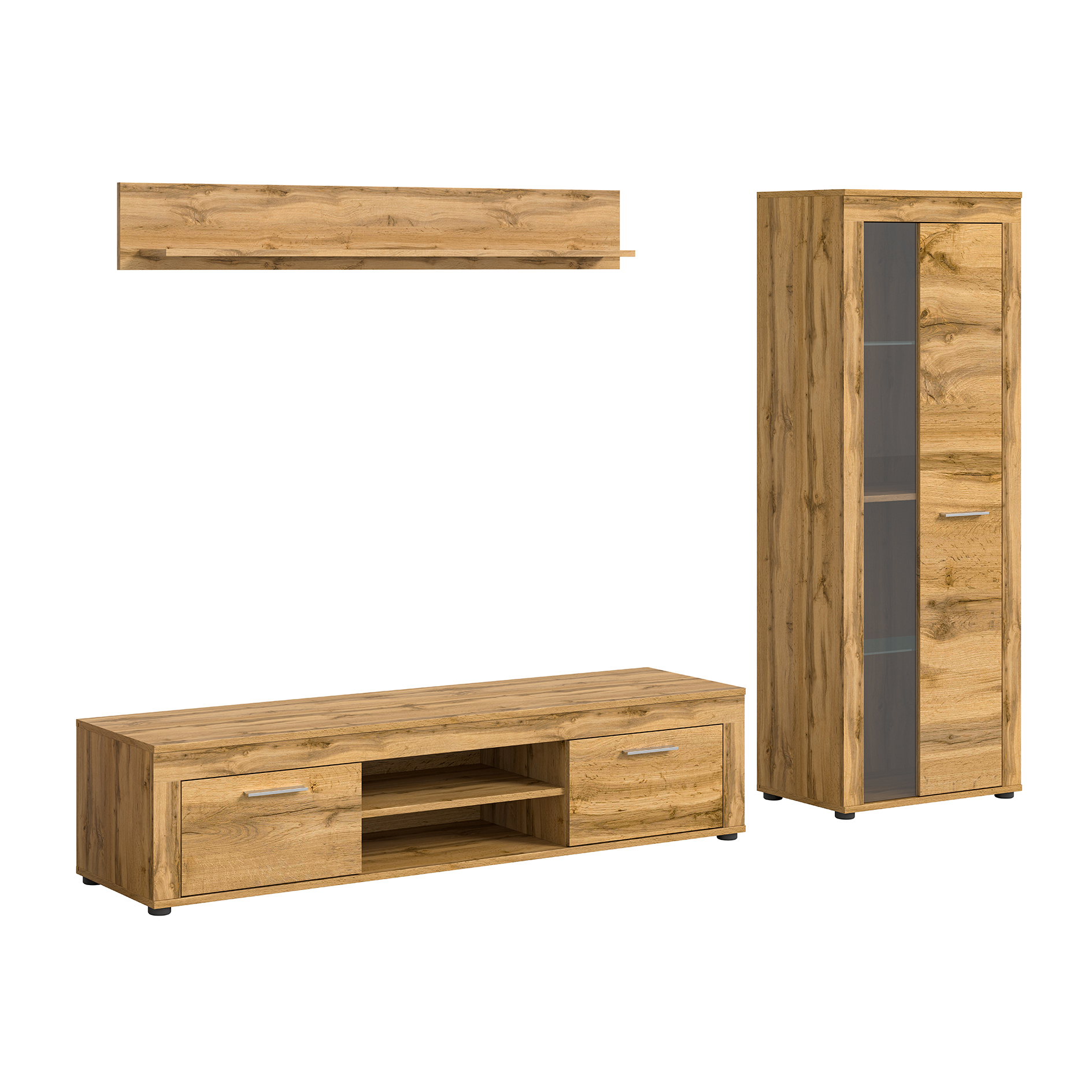 3-teilig Wohnkombination JAM - Wotan Eiche - mit Vitrine - 235 cm