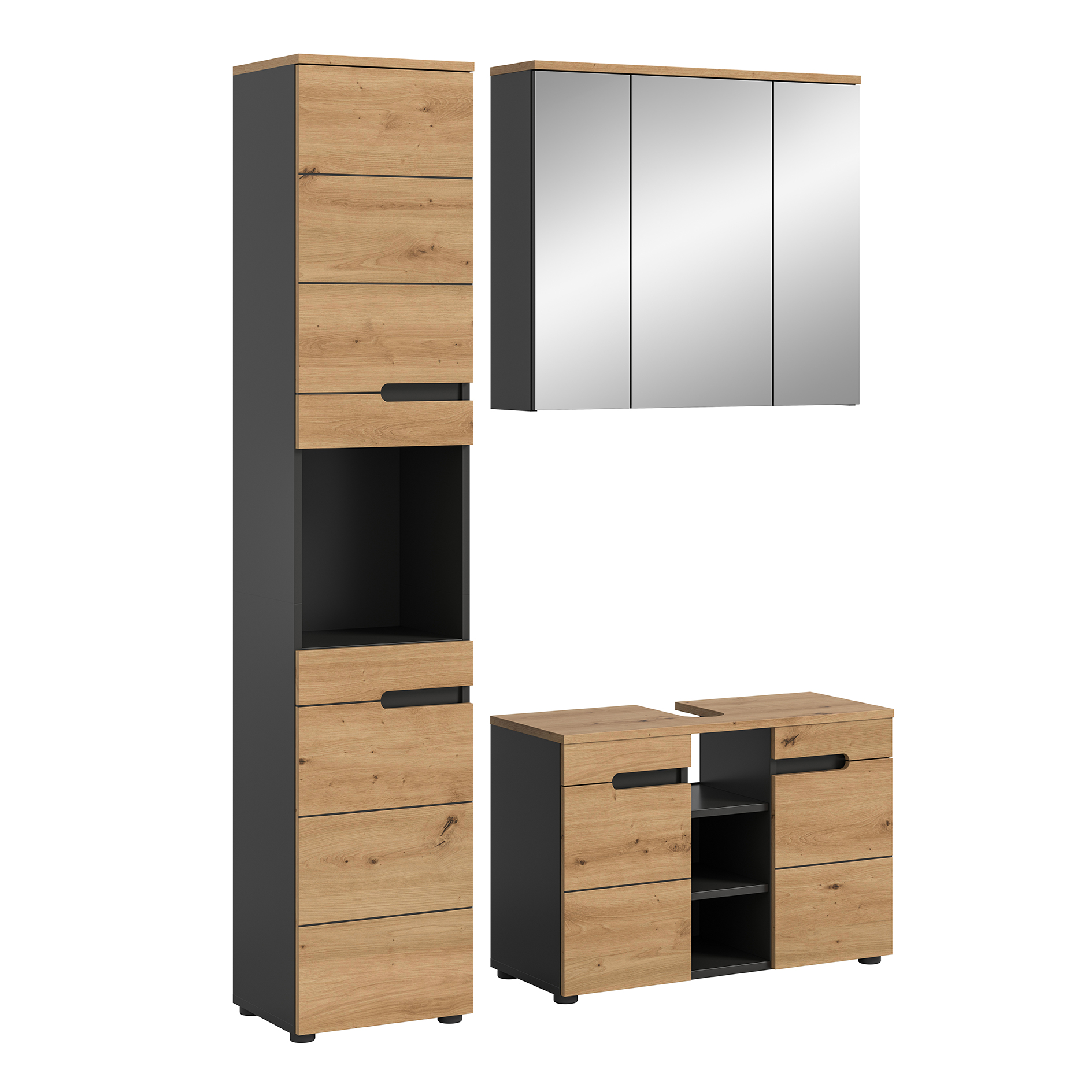 3-teilige Badkombination CANU - Artisan Eiche - Basalt grau - Spiegelschrank