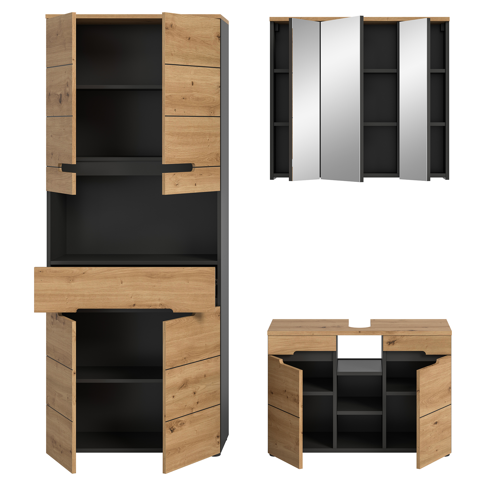 3-teilige Badkombination CANU - Artisan Eiche - Basalt grau