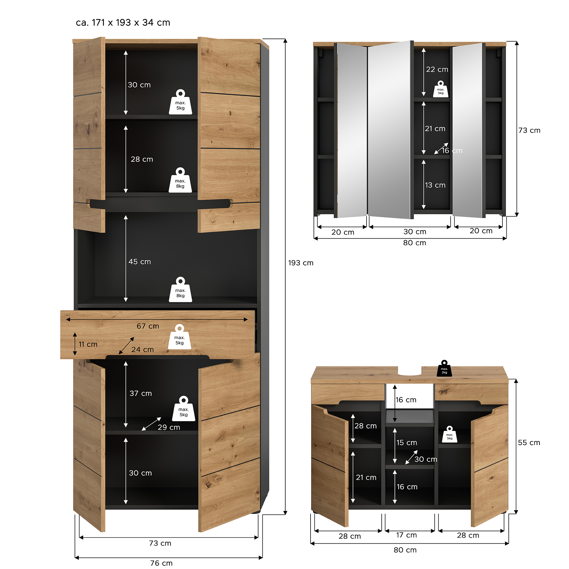 3-teilige Badkombination CANU - Artisan Eiche - Basalt grau