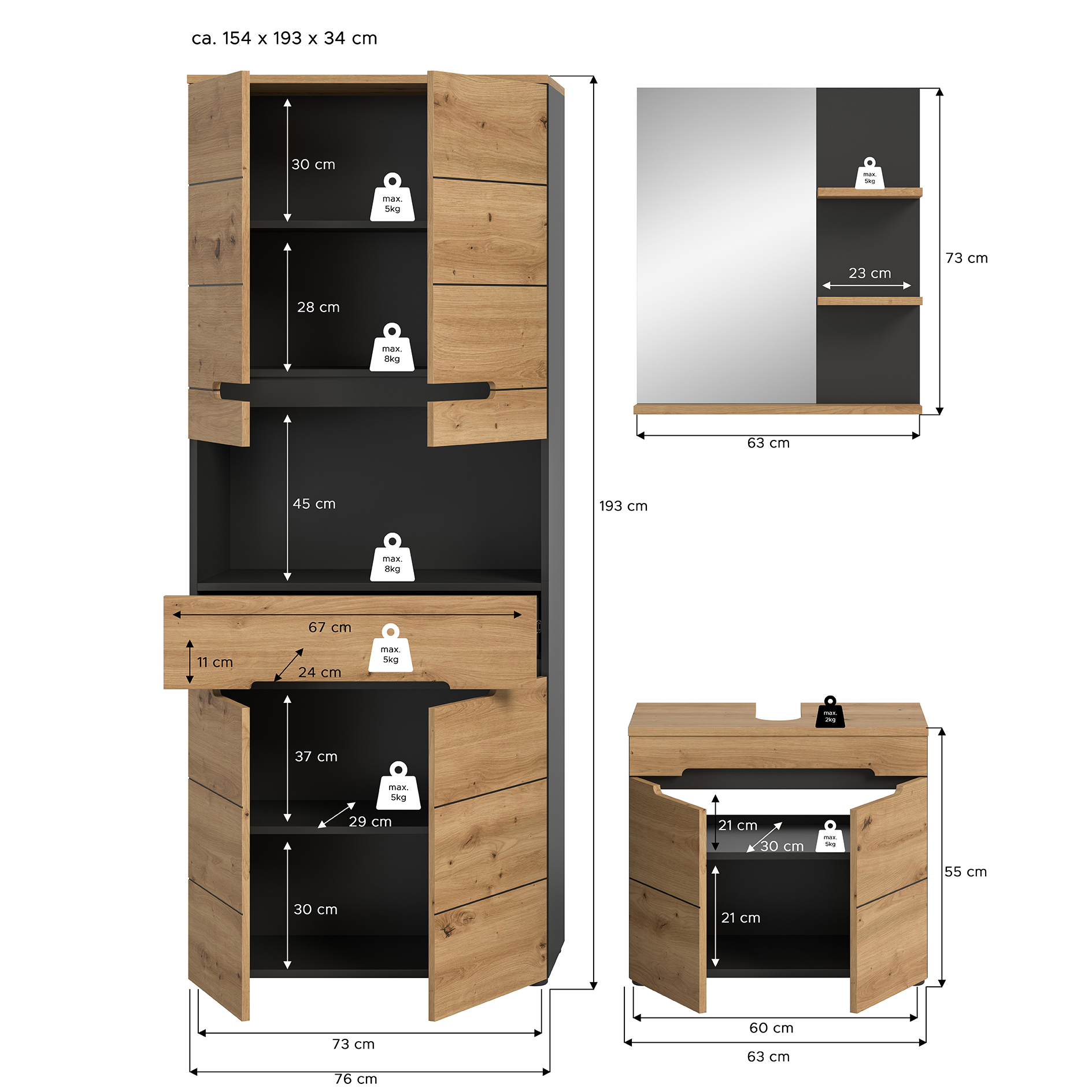 3-teilige Badkombination CANU - Artisan Eiche - Basalt grau