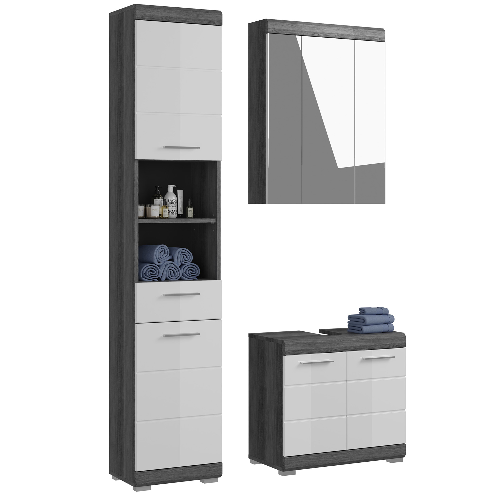 3-teilige Badkombination SCOUT - Rauchsilber - weiß Hochglanz - Spiegelschrank - 112 cm