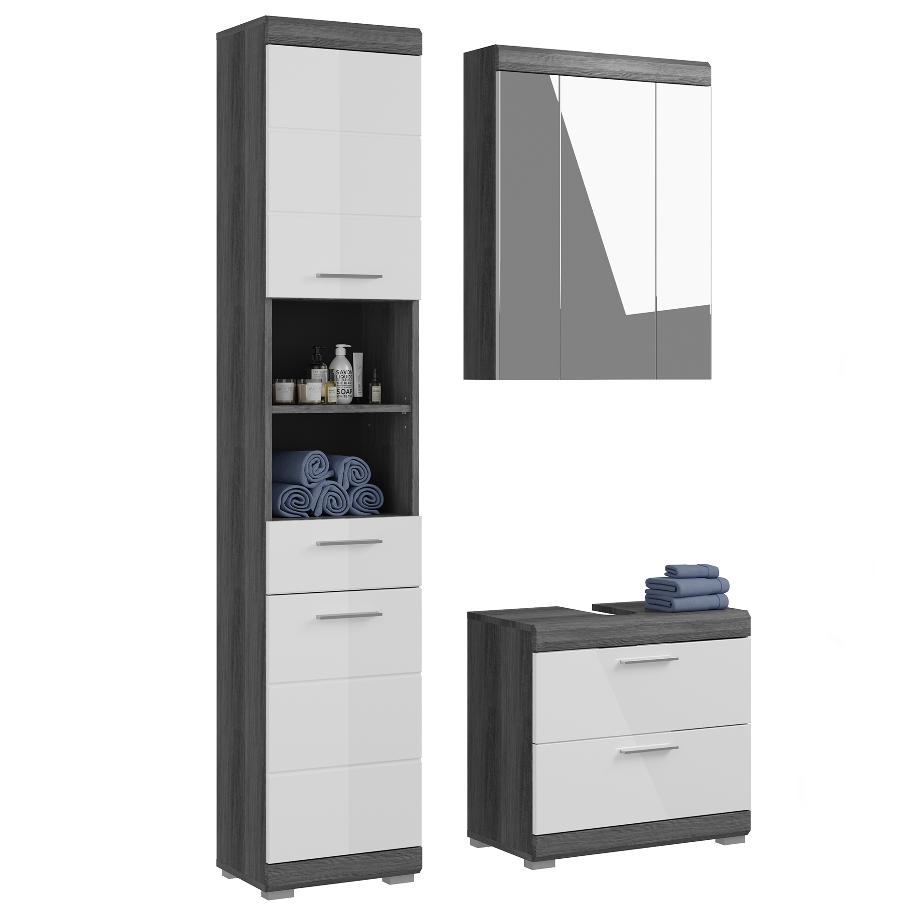 3-teilige Badkombination SCOUT - Rauchsilber - weiß Hochglanz - Spiegelschrank - 112 cm