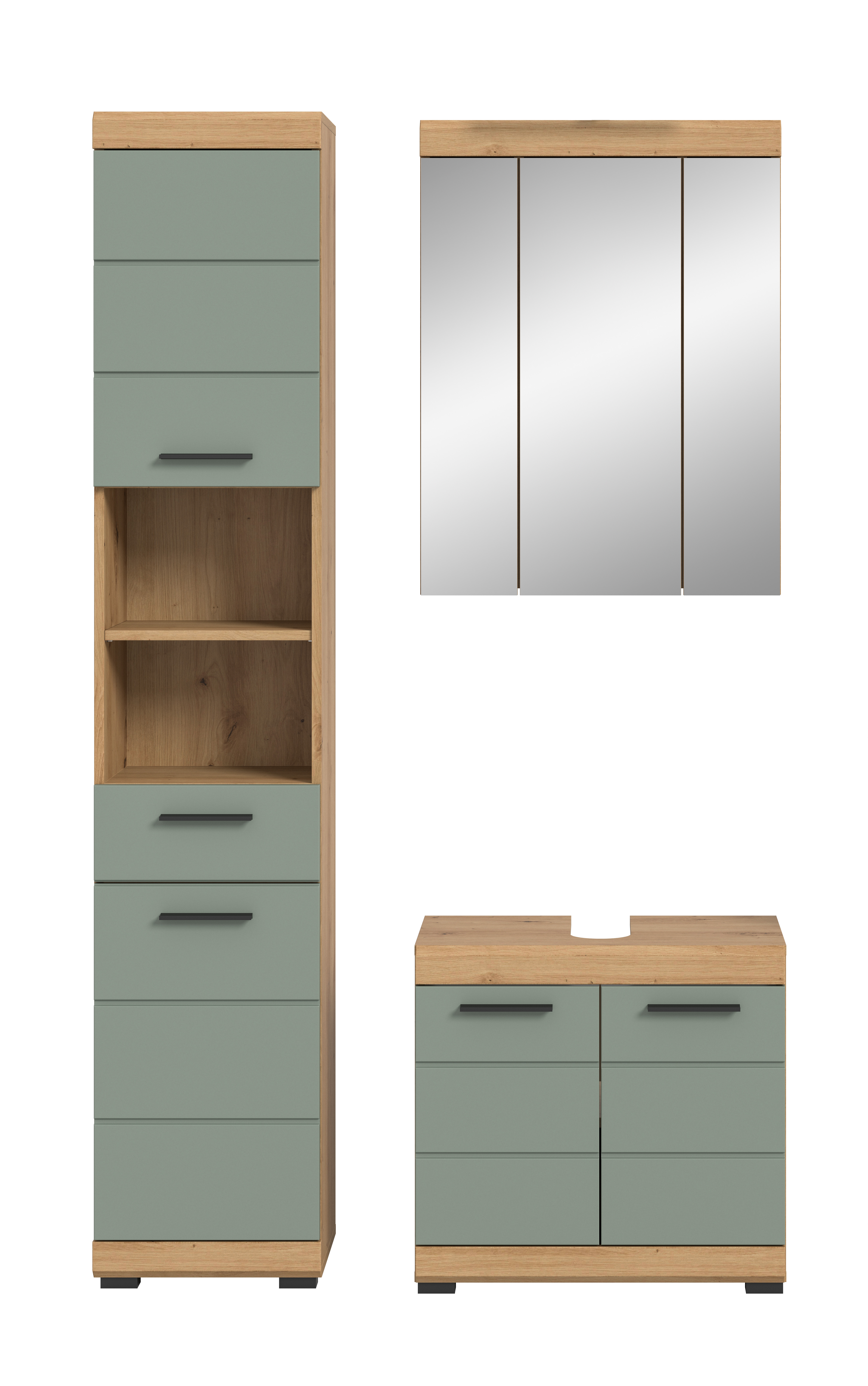 3-teilige Badkombination SCOUT - Salbei - Artisan Eiche - Spiegelschrank - 112 cm