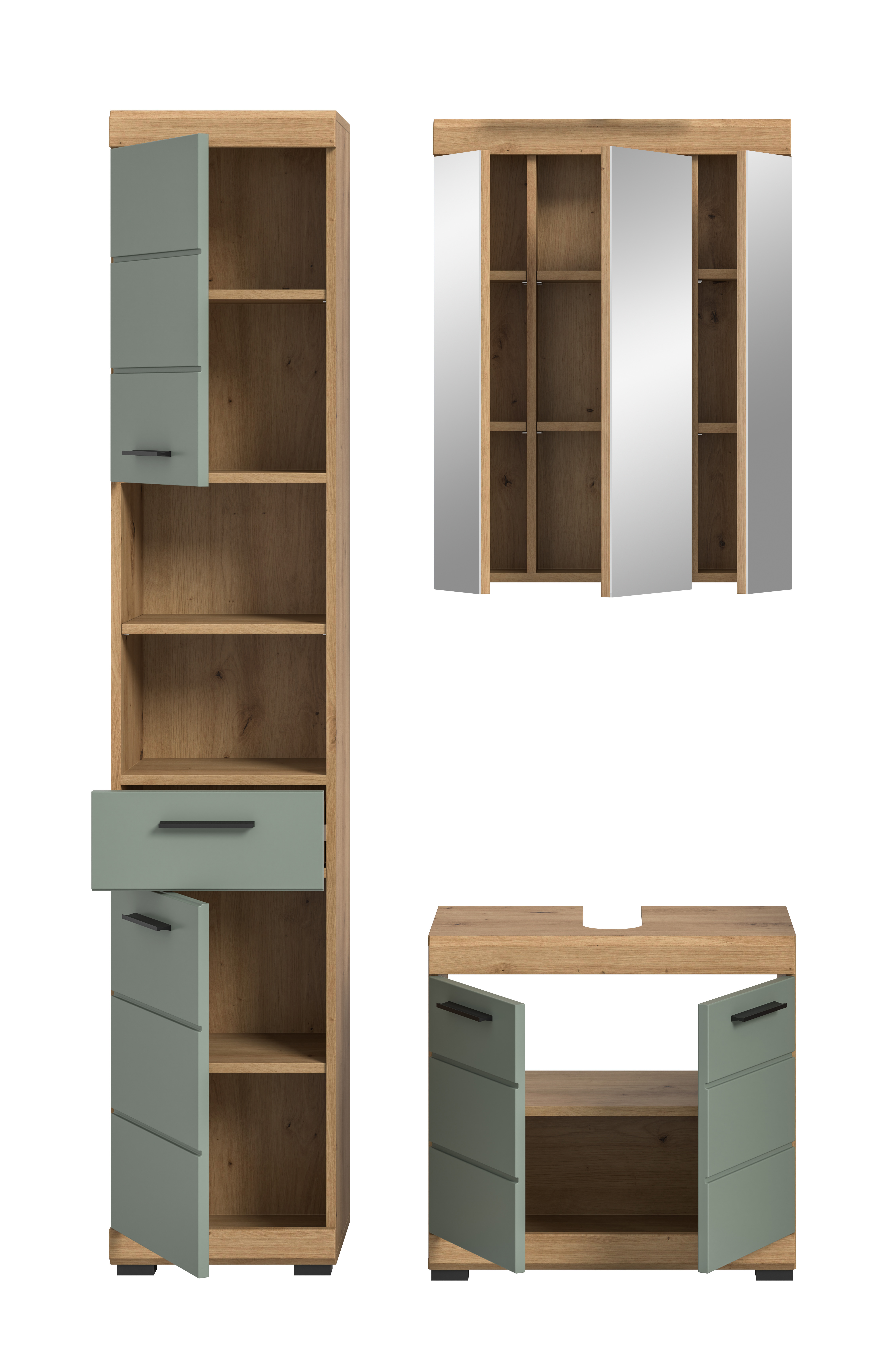 3-teilige Badkombination SCOUT - Salbei - Artisan Eiche - Spiegelschrank - 112 cm