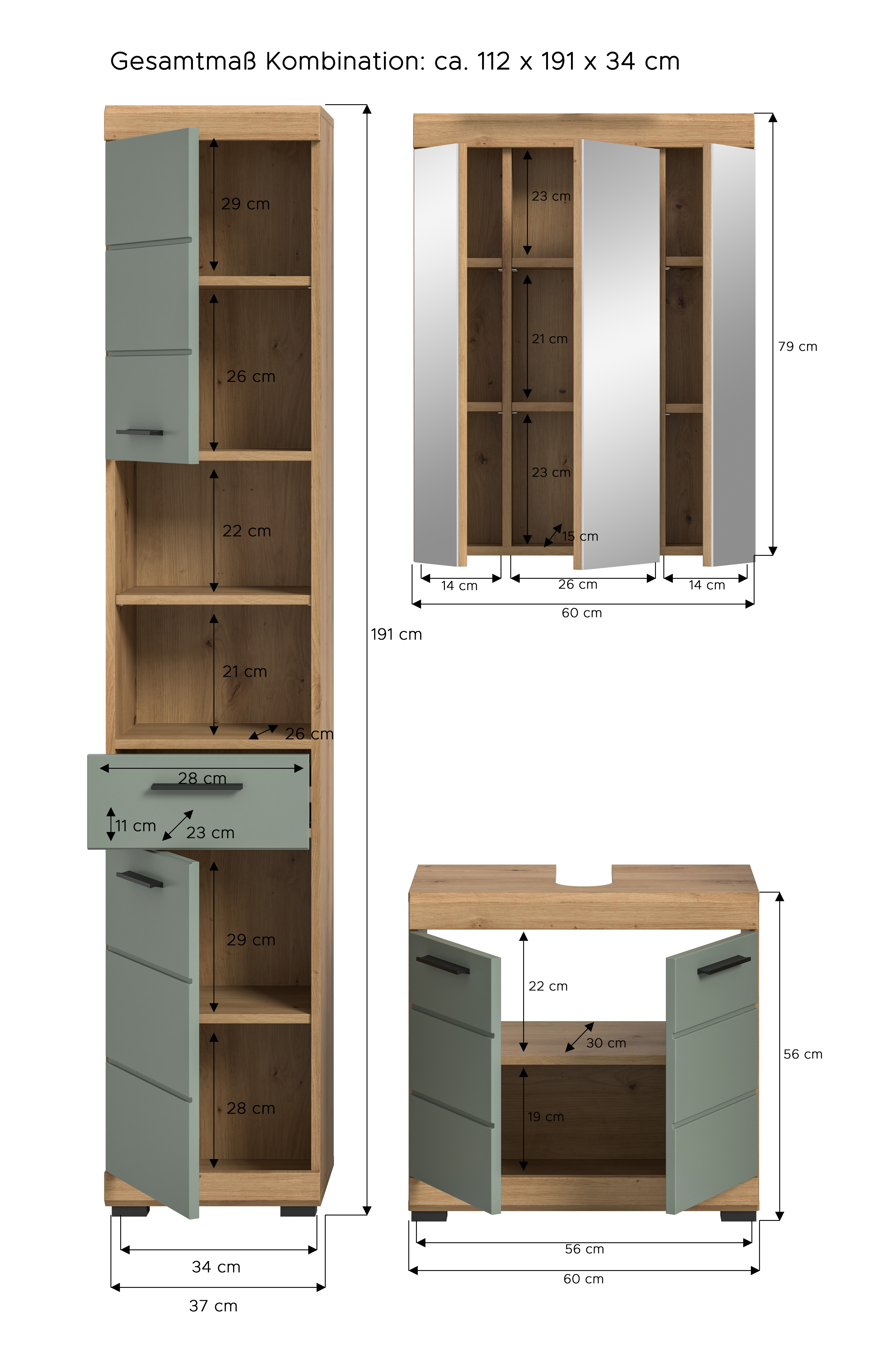 3-teilige Badkombination SCOUT - Salbei - Artisan Eiche - Spiegelschrank - 112 cm