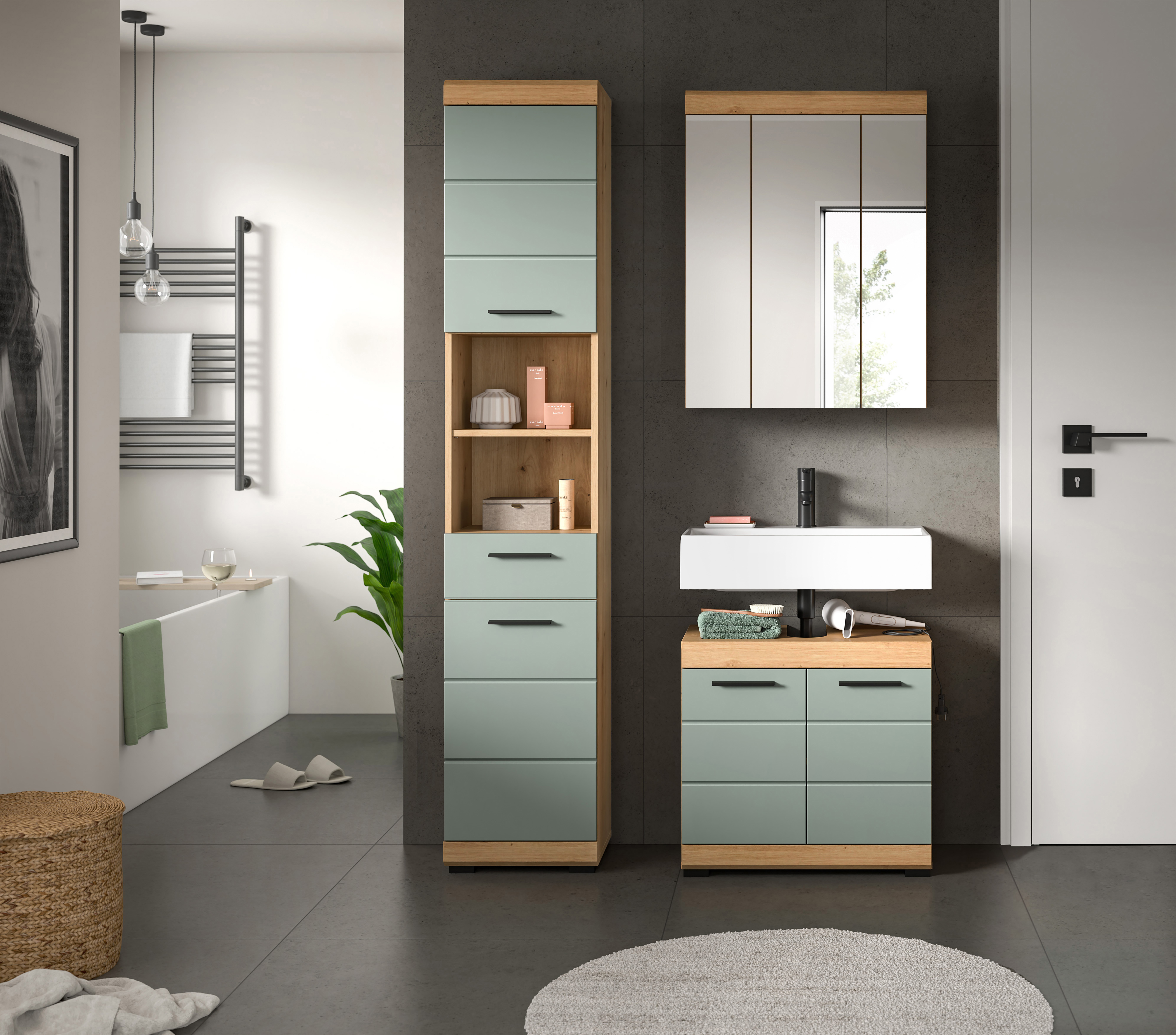 3-teilige Badkombination SCOUT - Salbei - Artisan Eiche - Spiegelschrank - 112 cm