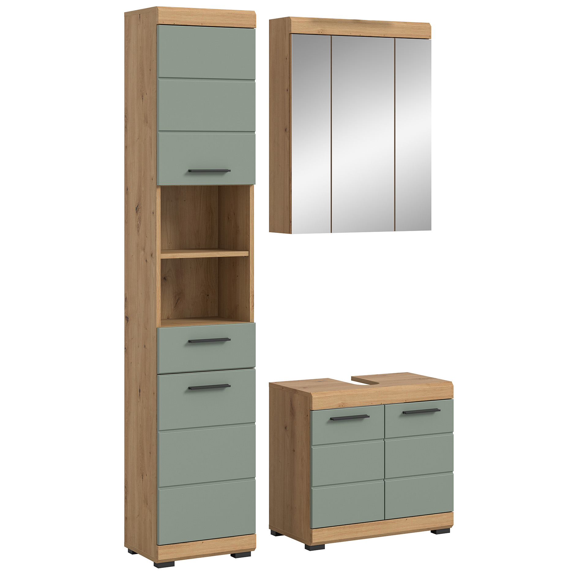 3-teilige Badkombination SCOUT - Salbei - Artisan Eiche - Spiegelschrank - 112 cm