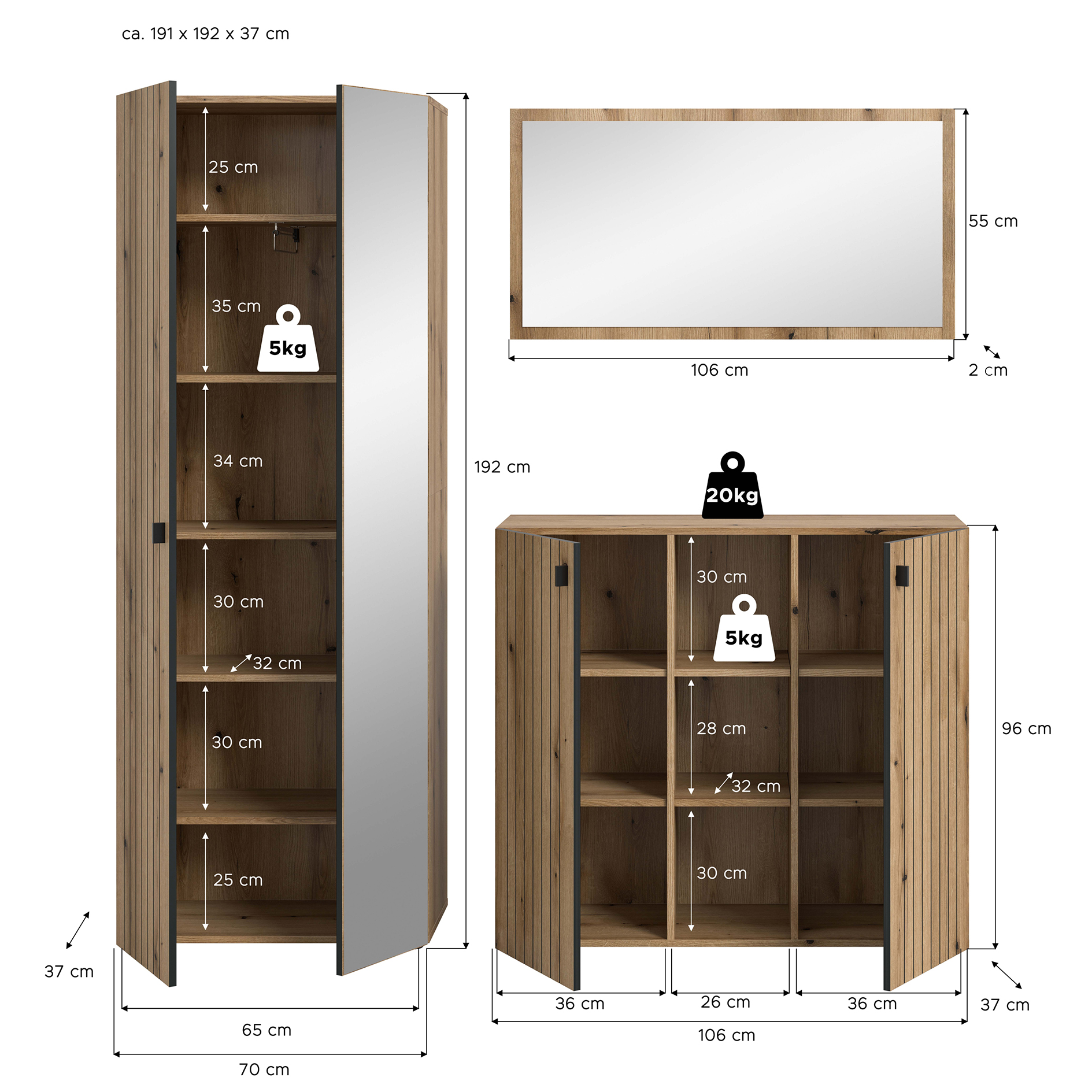 3-teilige Garderobenkombination STATION - Evoke Oak - 191 cm breit