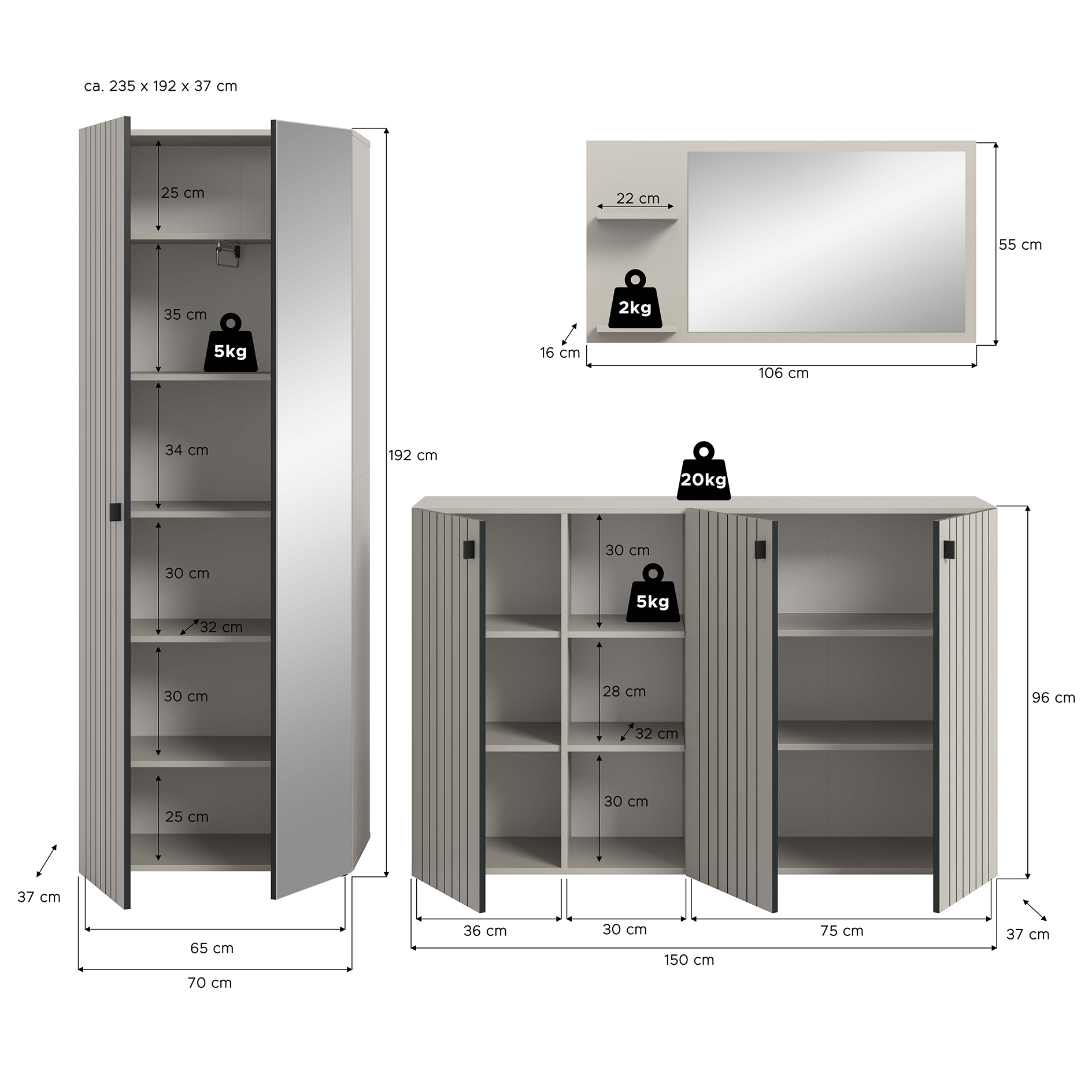 3-teilige Garderobenkombination STATION - Kaschmir - 235 cm breit
