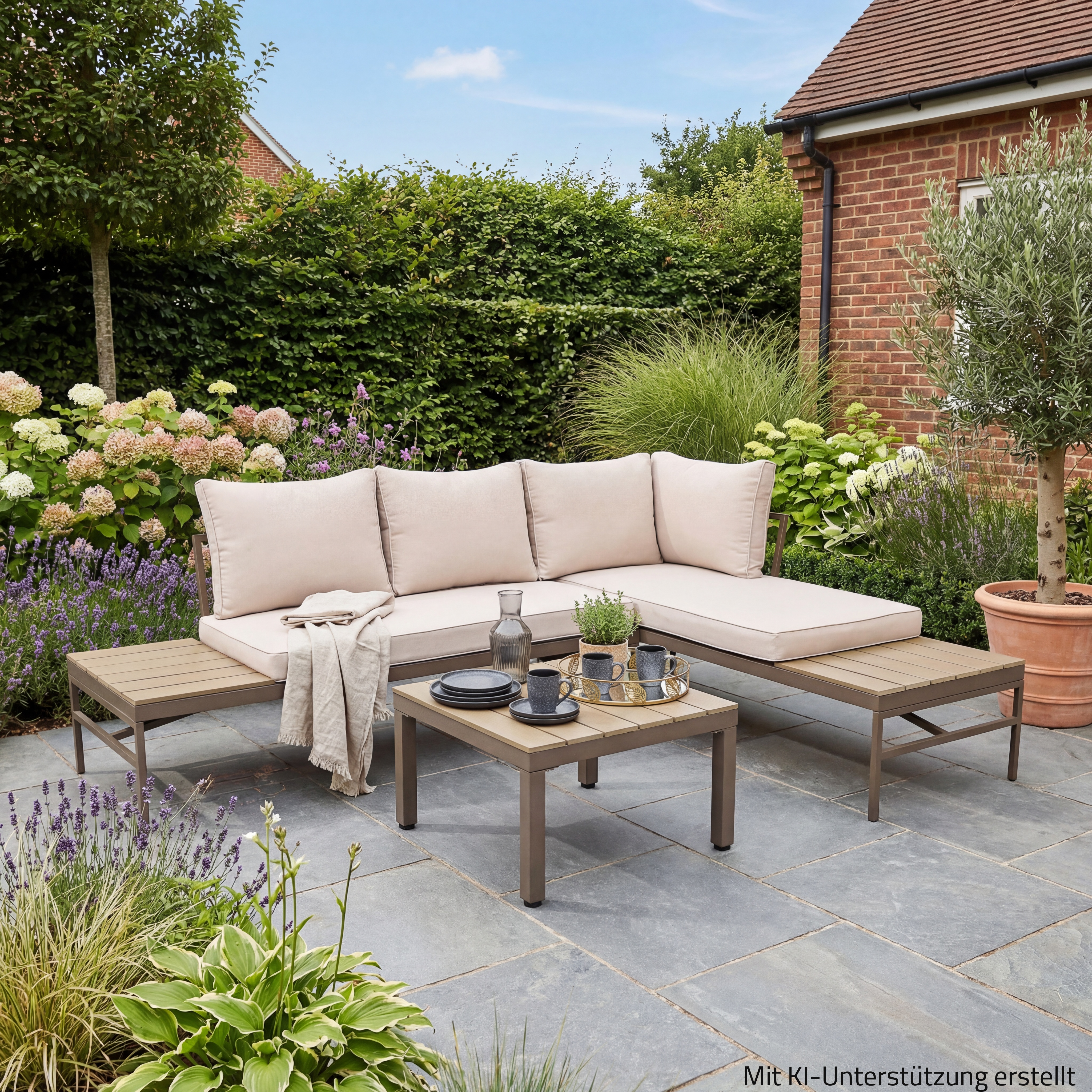 3-teilige Garten-Lounge - braun-beige - inklusive Kissen