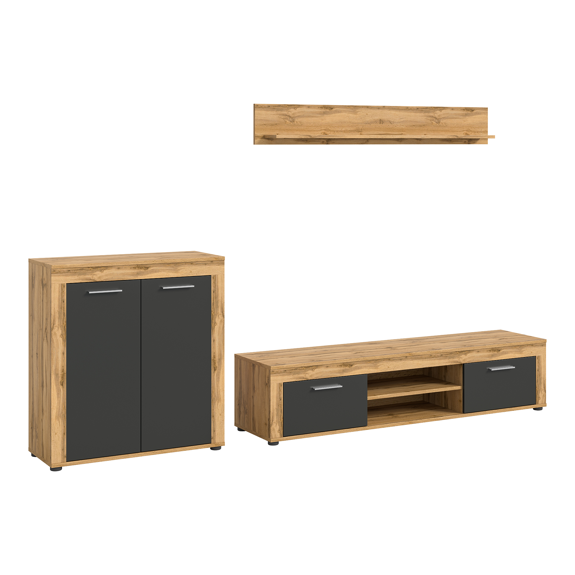 3-teilige Wohnkombination JAM - grau - Wotan Eiche - mit Highboard - 255 cm