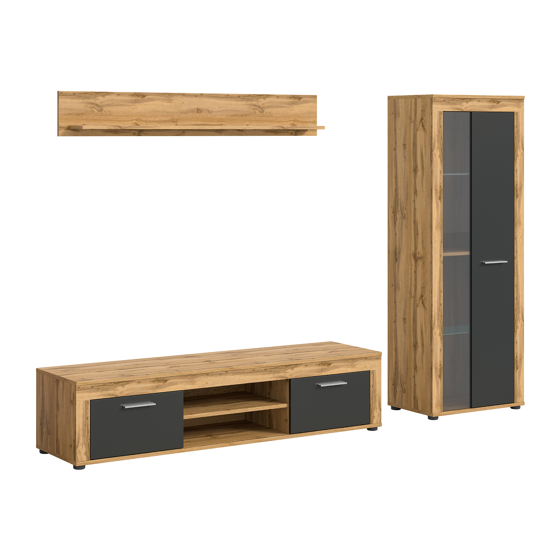 3-teilige Wohnkombination JAM - grau - Wotan Eiche - mit Vitrine - 235 cm