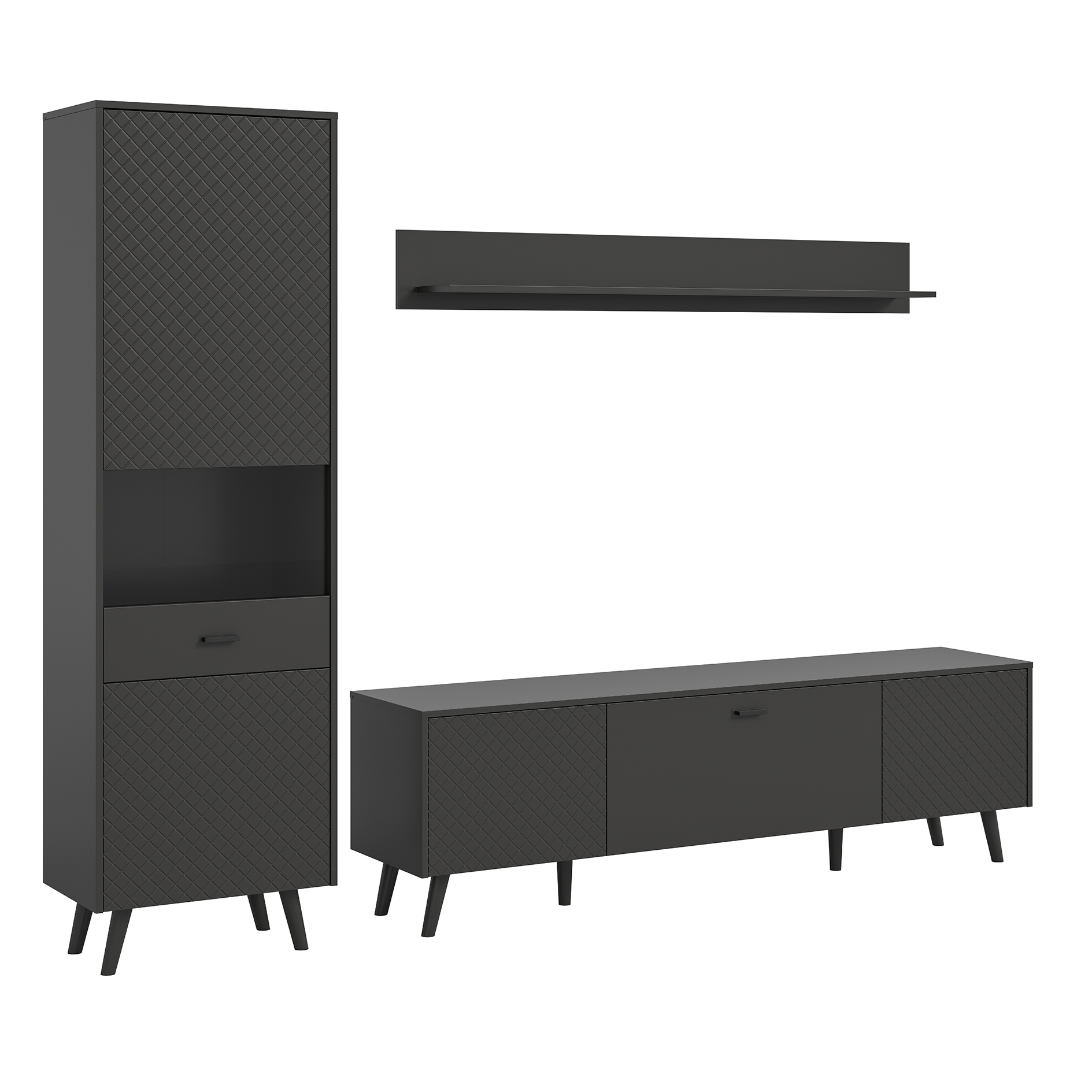 3-teilige Wohnkombination LINEA - grau matt - mit Vitrine