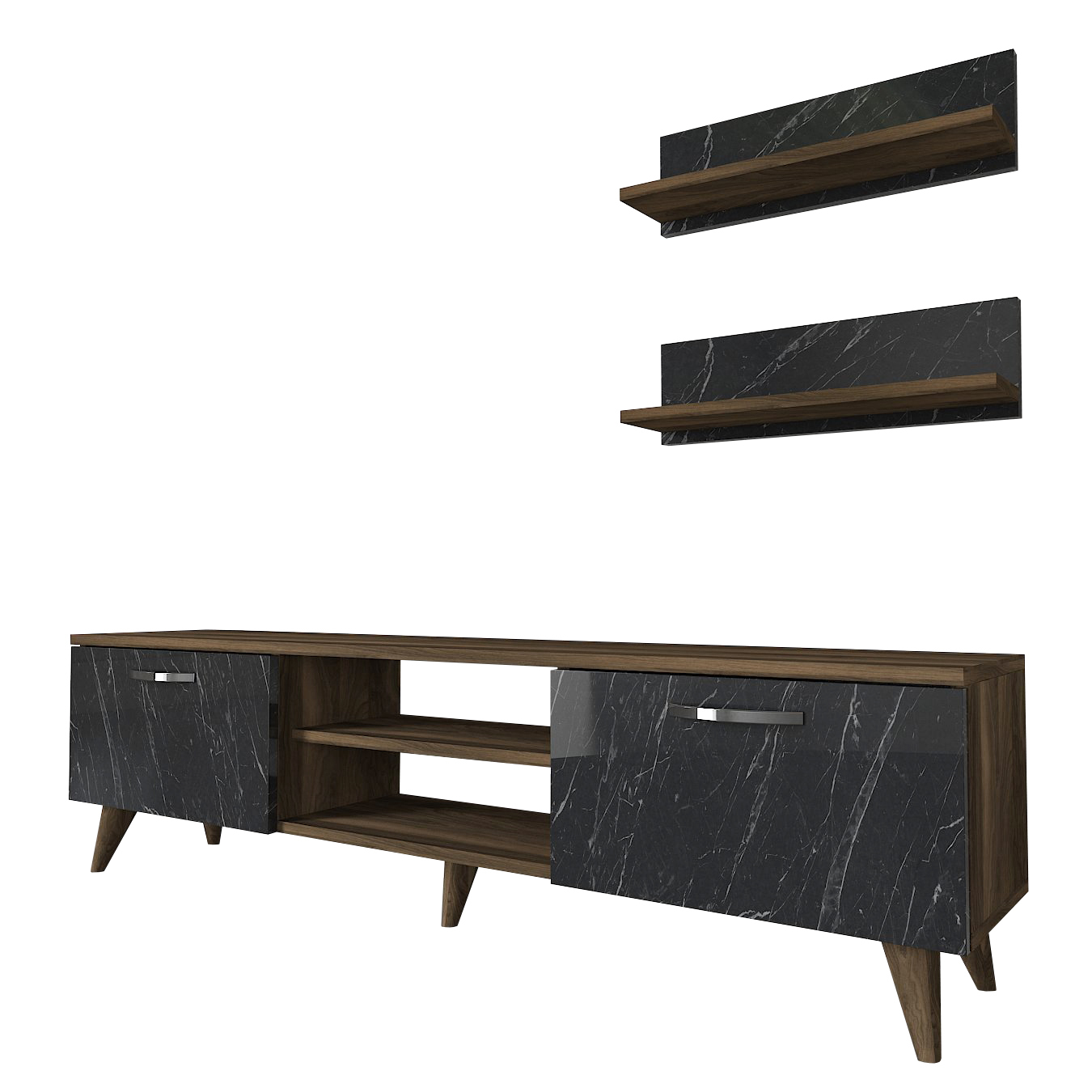 3-teilige Wohnwand - braun - Marmoroptik - mit Metallgriffen