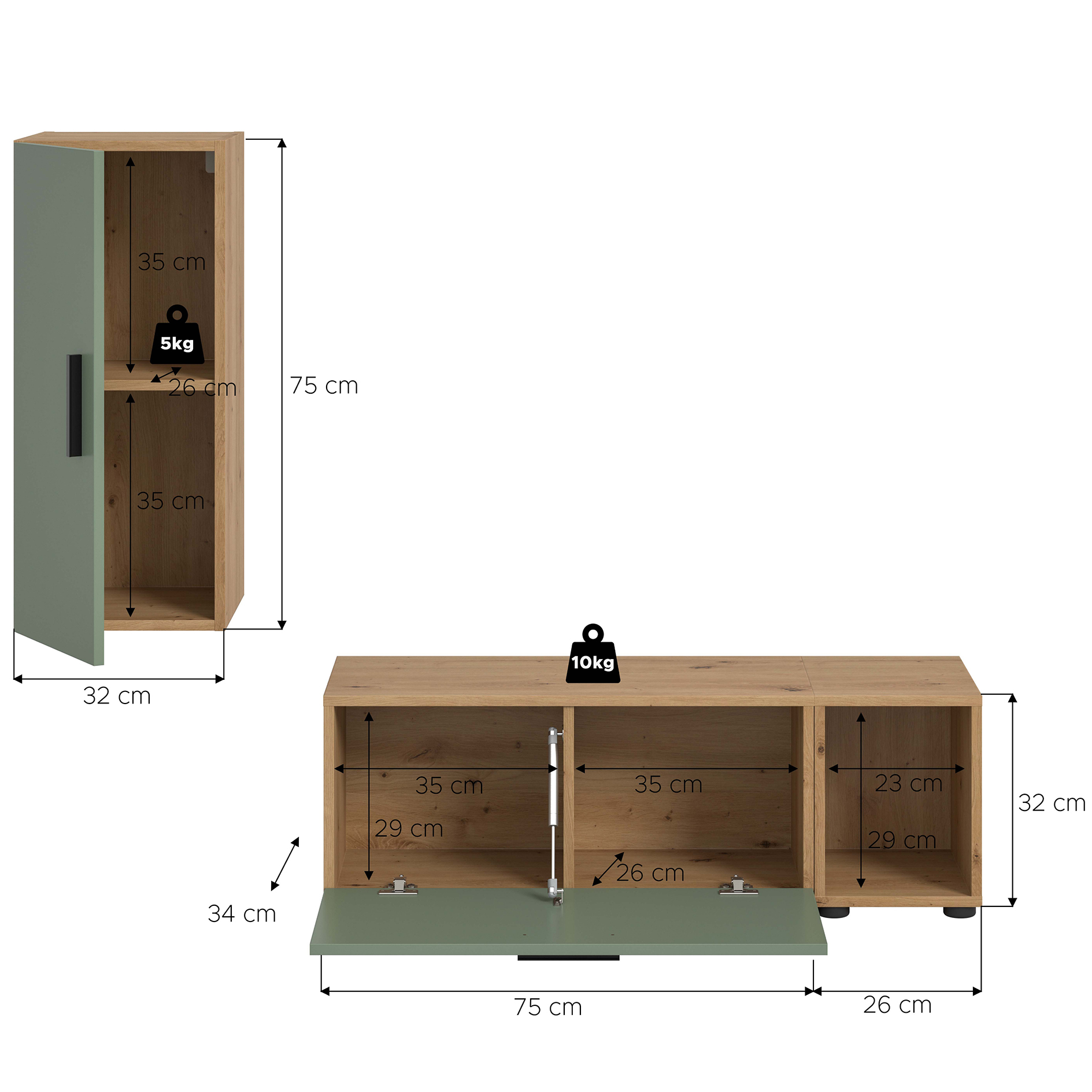 3-teilige Wohnwand THE ONE - salbei - Artisan Eiche