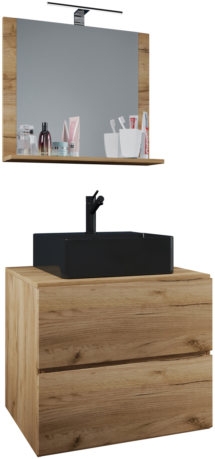 3-teiliges Bademöbel-Set LENDAS BL - Honig Eiche - schwarz - 60 cm