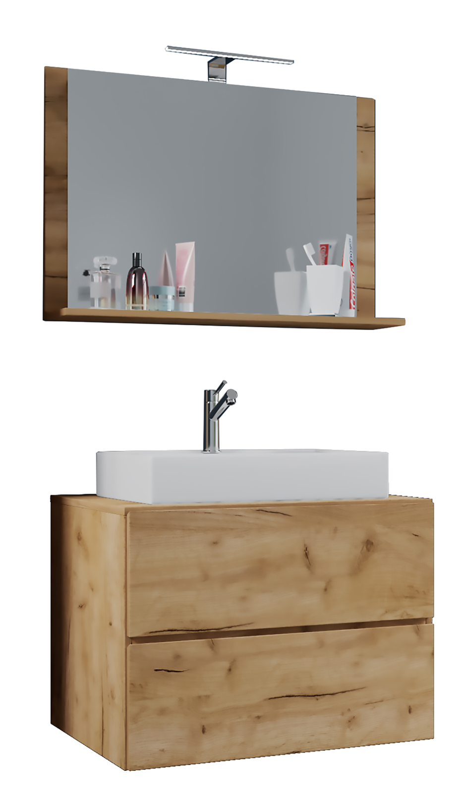 3-teiliges Bademöbel-Set LENDAS M - Honig-Eiche - 80 cm - mit Spiegel