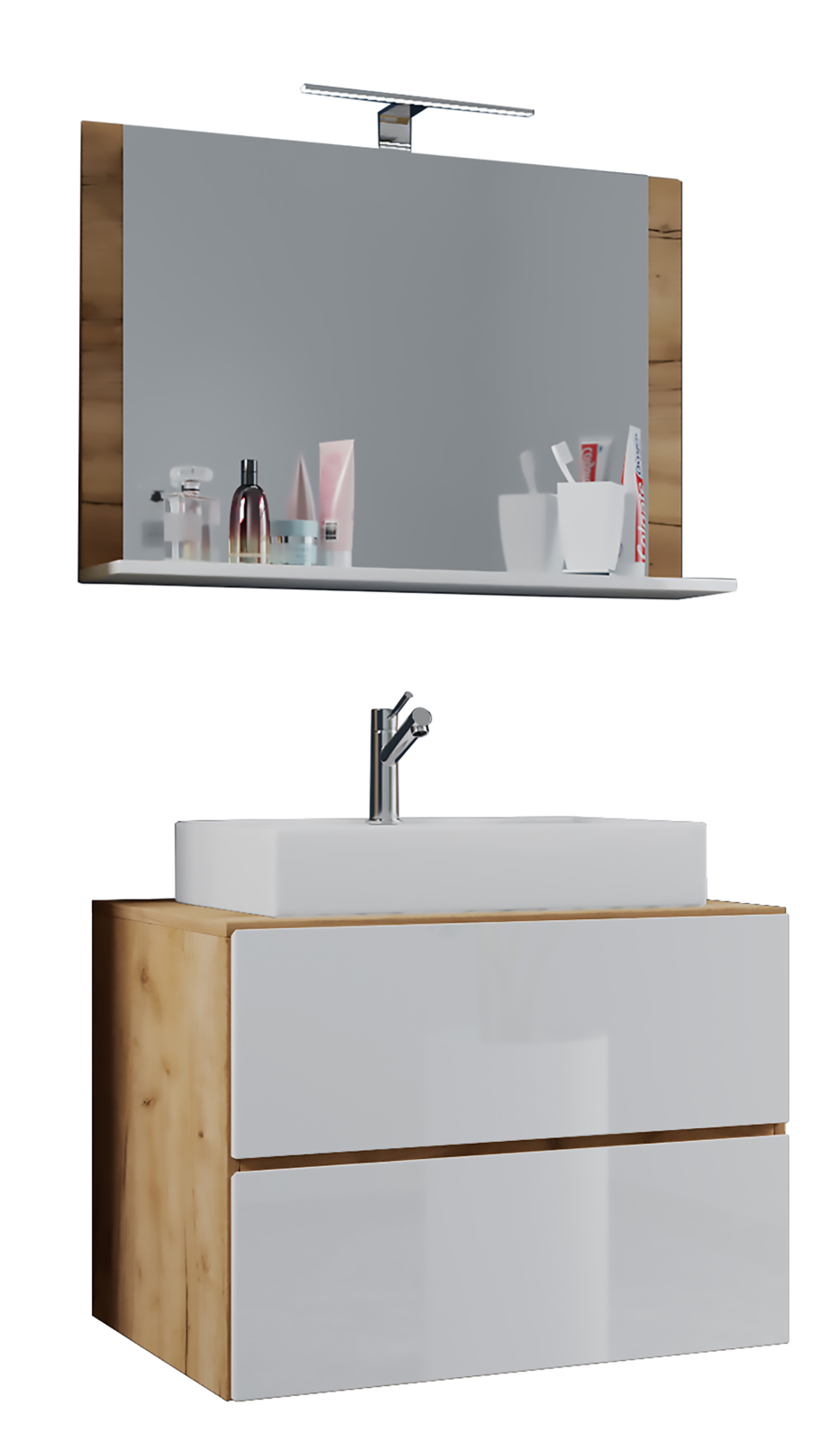 3-teiliges Bademöbel-Set LENDAS M - Honig Eiche - weiß - 80 cm - mit Spiegel