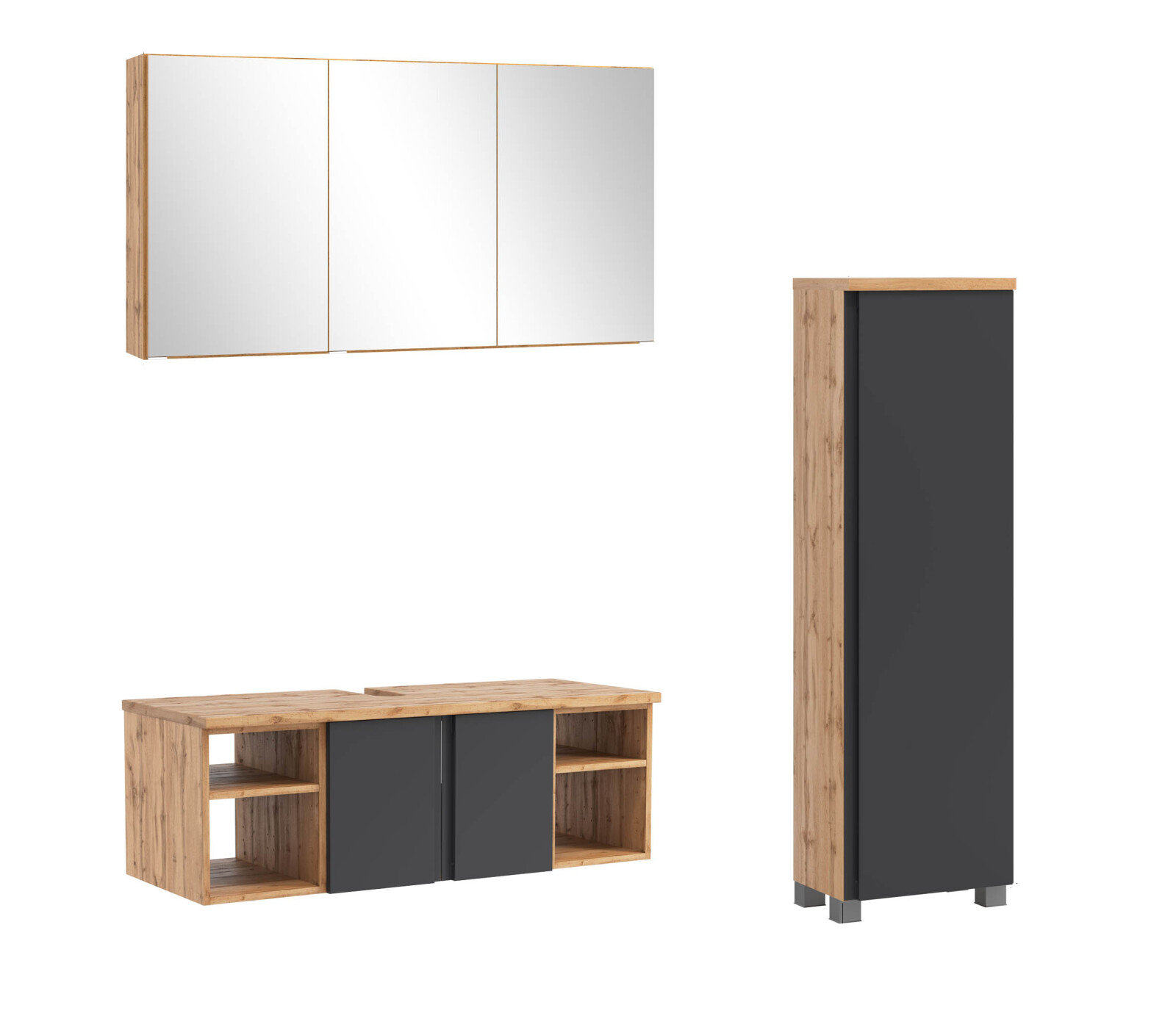 3-teiliges Badmöbel-Set AROSA - Wotaneiche - grau matt - mit Spiegelschrank - 120 cm
