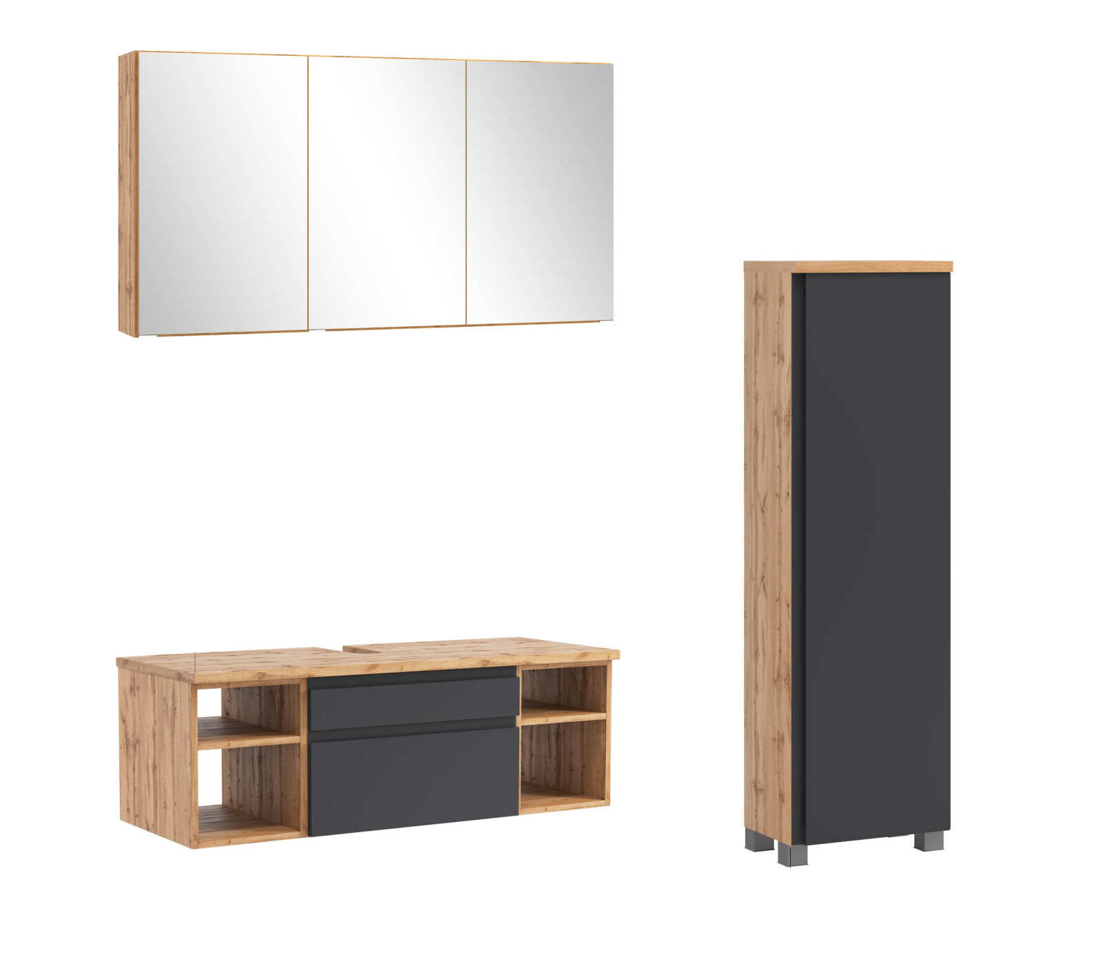3-teiliges Badmöbel-Set AROSA - Wotaneiche - grau matt - mit Spiegelschrank - 120 cm