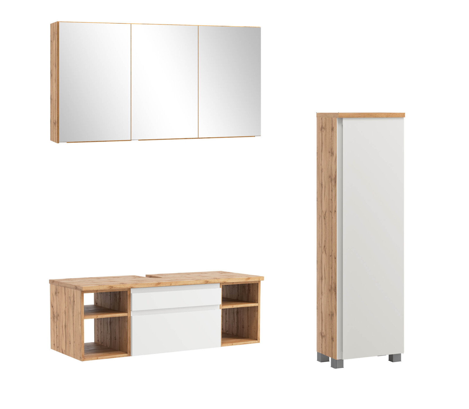 3-teiliges Badmöbel-Set AROSA - Wotaneiche - weiß matt - mit Spiegelschrank - 120 cm