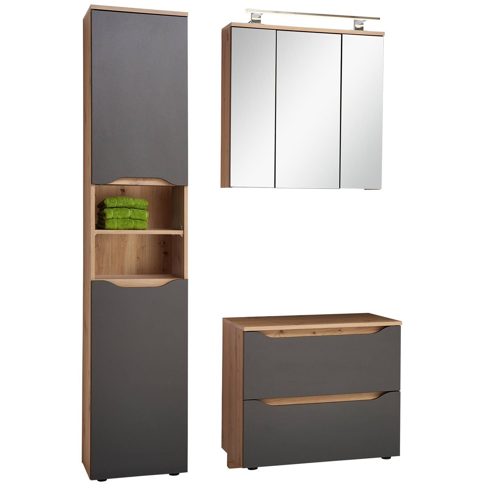 3-teiliges Badmöbel-Set - Artisan Eiche - anthrazit - mit LED-Beleuchtung