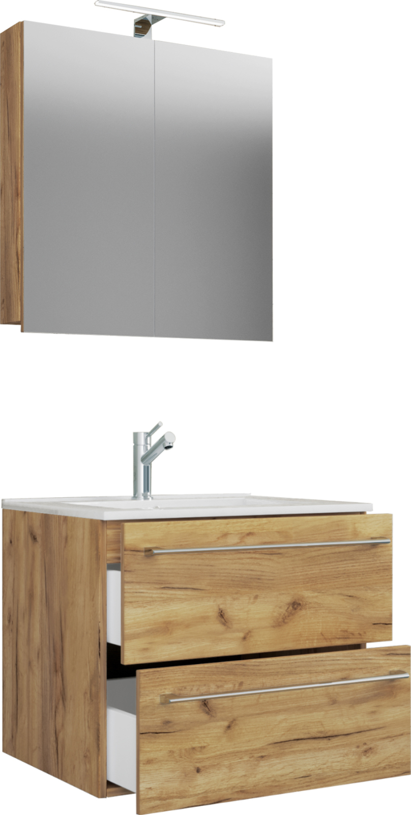 3-teiliges Badmöbel-Set BADINOS - Honig Eiche - mit Spiegelschrank - 60 cm