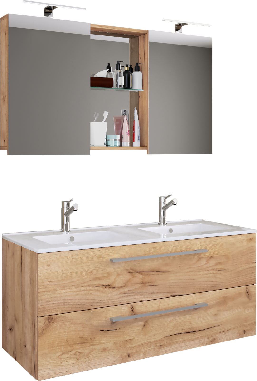 3-teiliges Badmöbel-Set BUDASI - Honig Eiche - Spiegelschrank - 112 cm breit