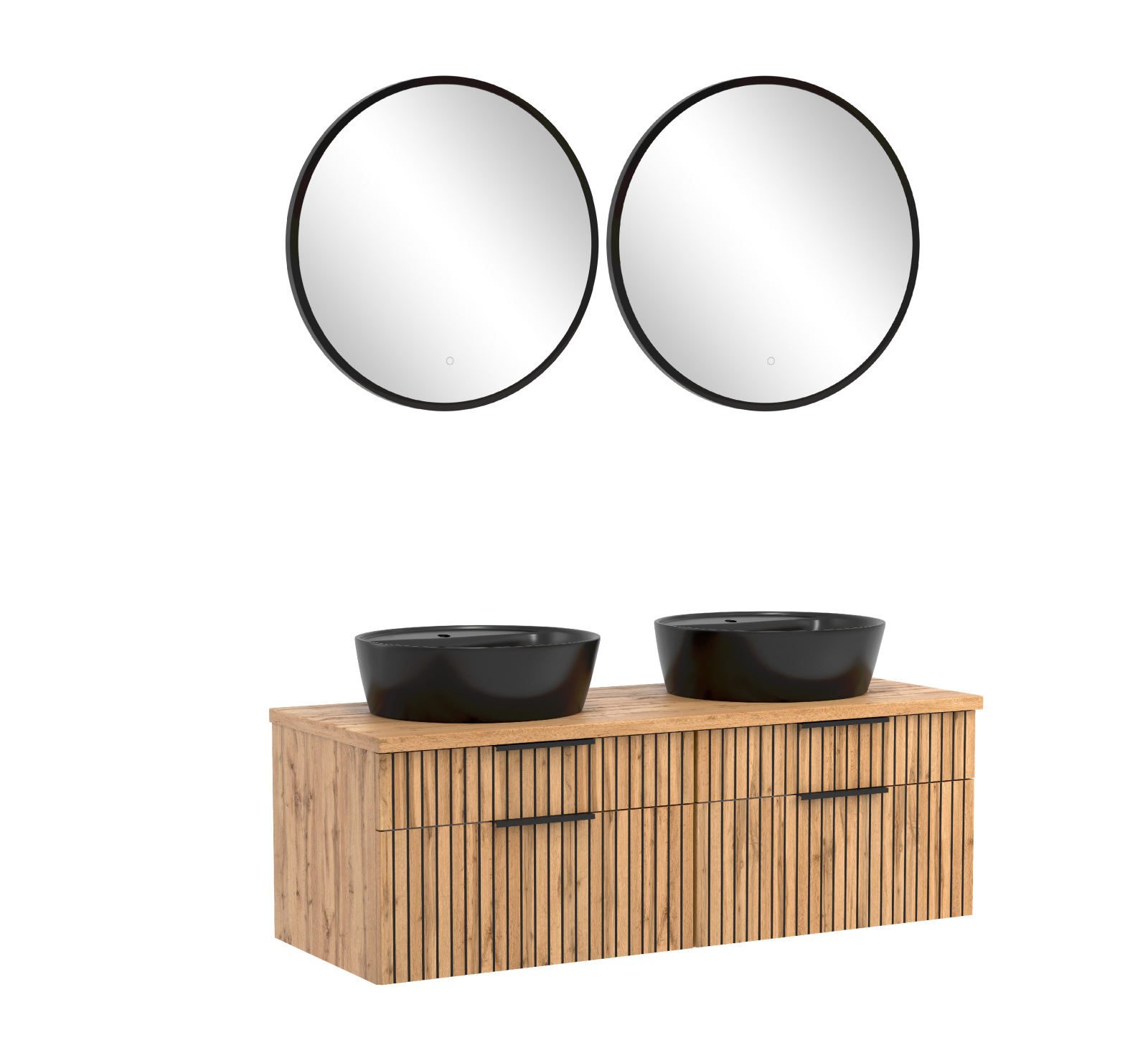 3-teiliges Badmöbel-Set CHESTER - Wotaneiche-schwarz - Unterschrank mit Auszügen - Spiegelpaneel - 120 cm