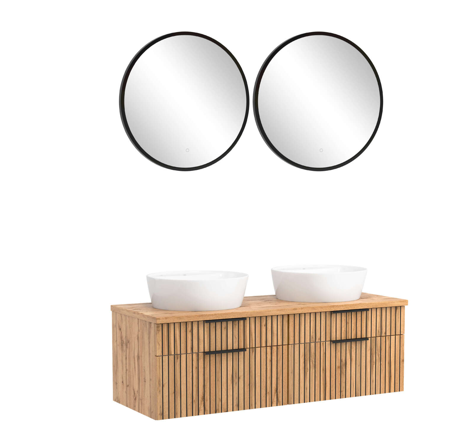 3-teiliges Badmöbel-Set CHESTER - Wotaneiche-weiß - Unterschrank mit Auszügen - Spiegelpaneele - 120 cm