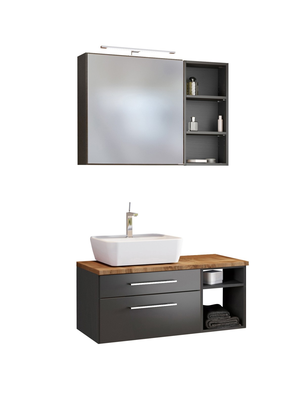 3-teiliges Badmöbel-Set DAVOS - grau - 90 cm breit - Becken links