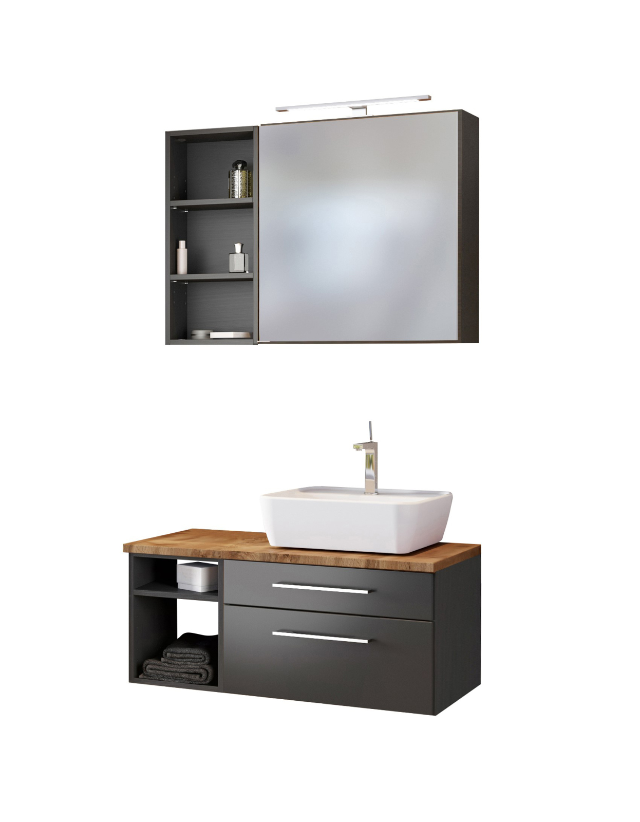 3-teiliges Badmöbel-Set DAVOS - grau - 90 cm breit - Becken rechts