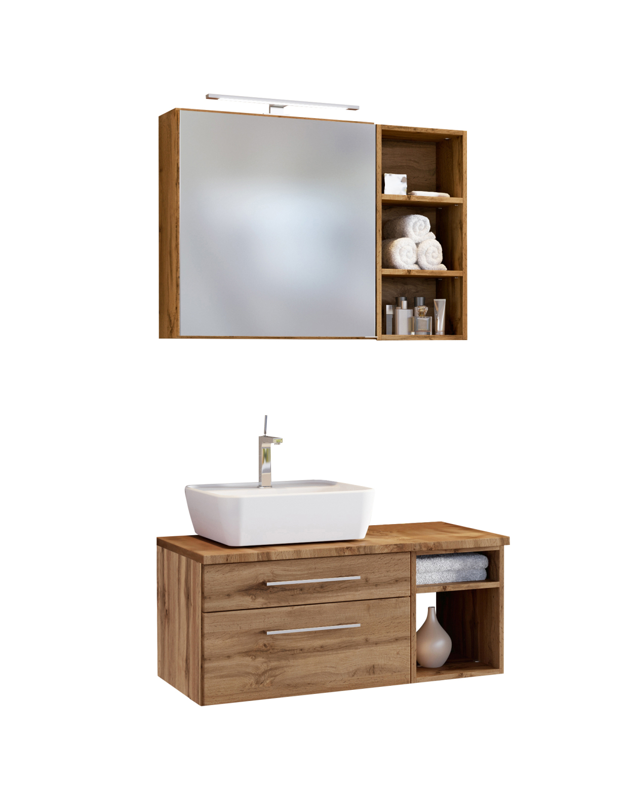 3-teiliges Badmöbel-Set DAVOS - Wotaneiche - 90 cm breit - Becken links