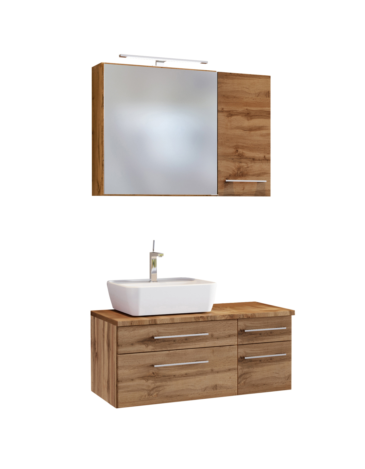 3-teiliges Badmöbel-Set DAVOS - Wotaneiche - 90 cm breit - Becken links