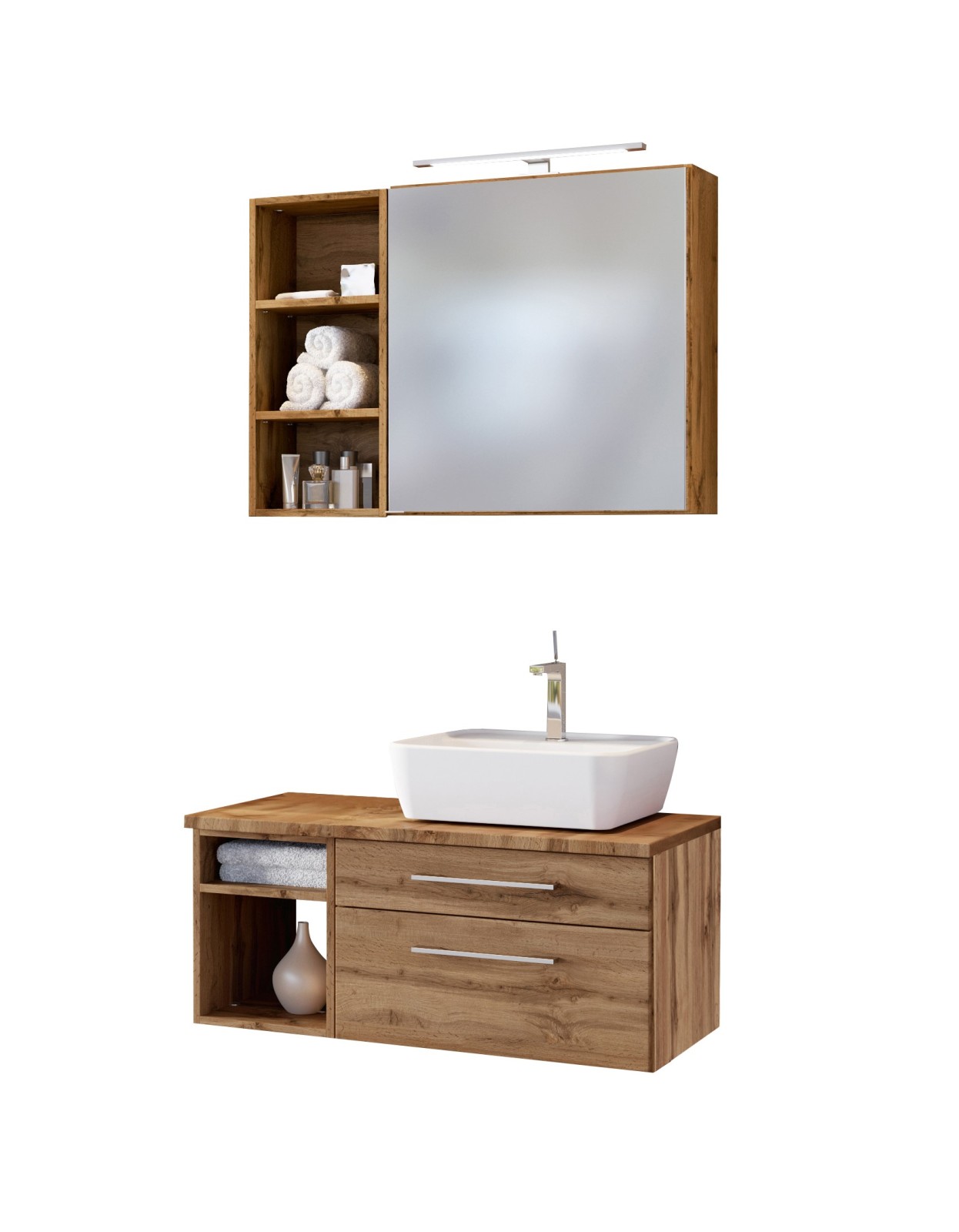 3-teiliges Badmöbel-Set DAVOS - Wotaneiche - 90 cm breit - Becken rechts
