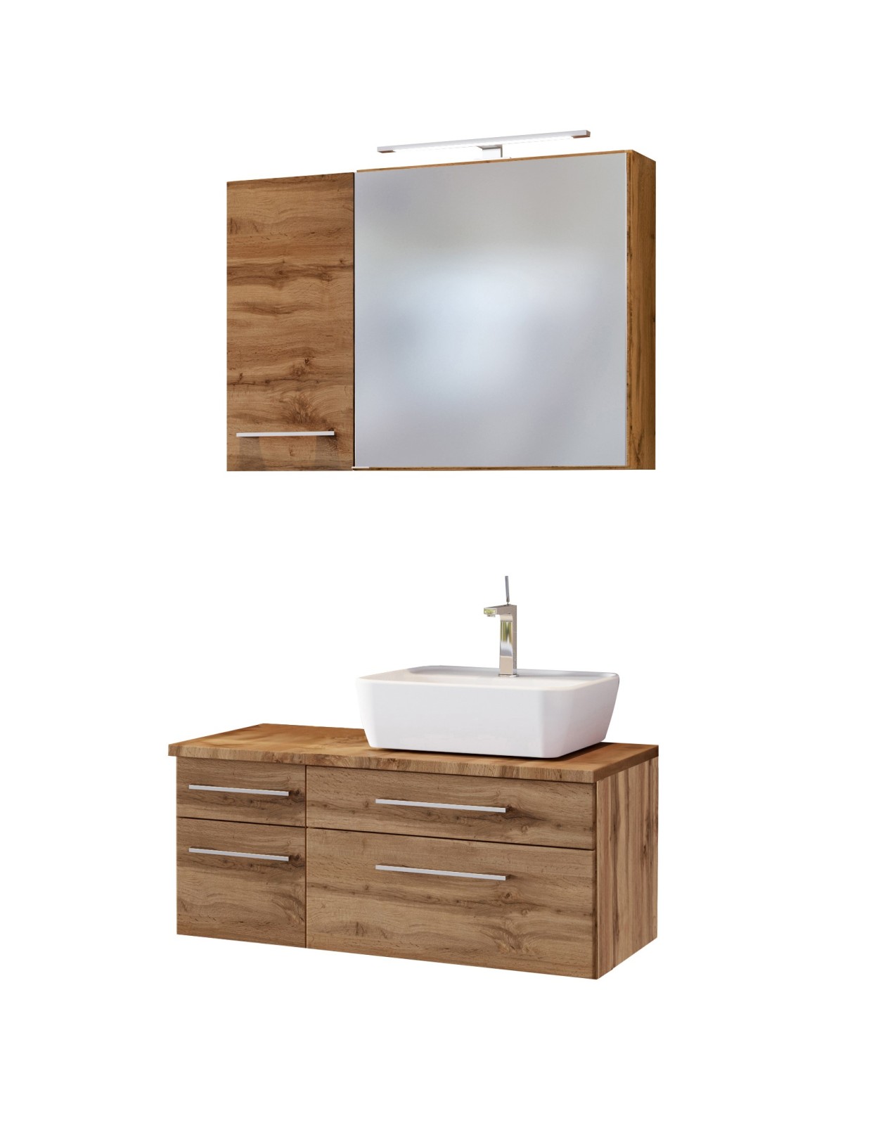3-teiliges Badmöbel-Set DAVOS - Wotaneiche - 90 cm breit - Becken rechts