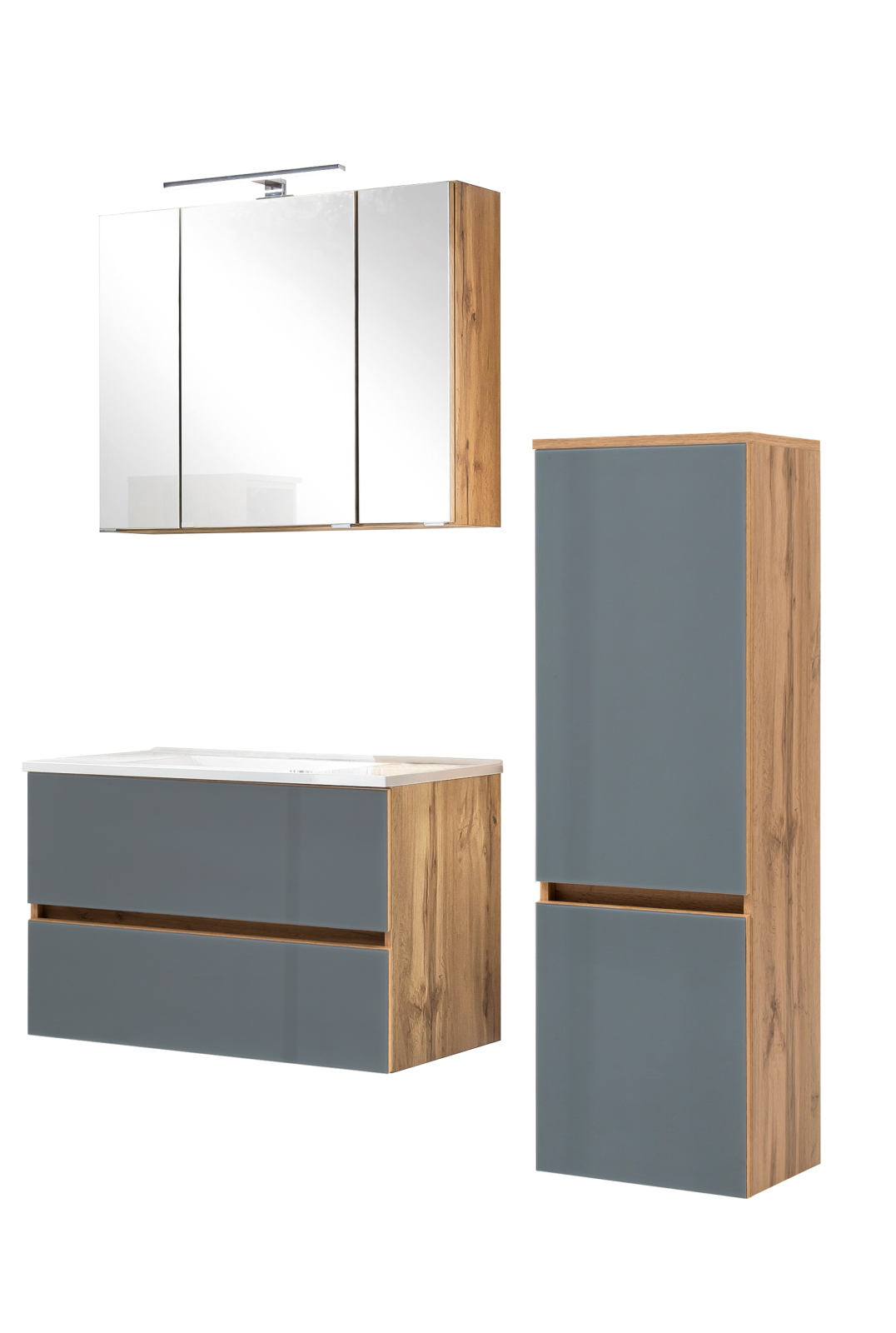 3-teiliges Badmöbel-Set HELSINKI - grau Hochglanz-Wotaneiche - 120 cm breit
