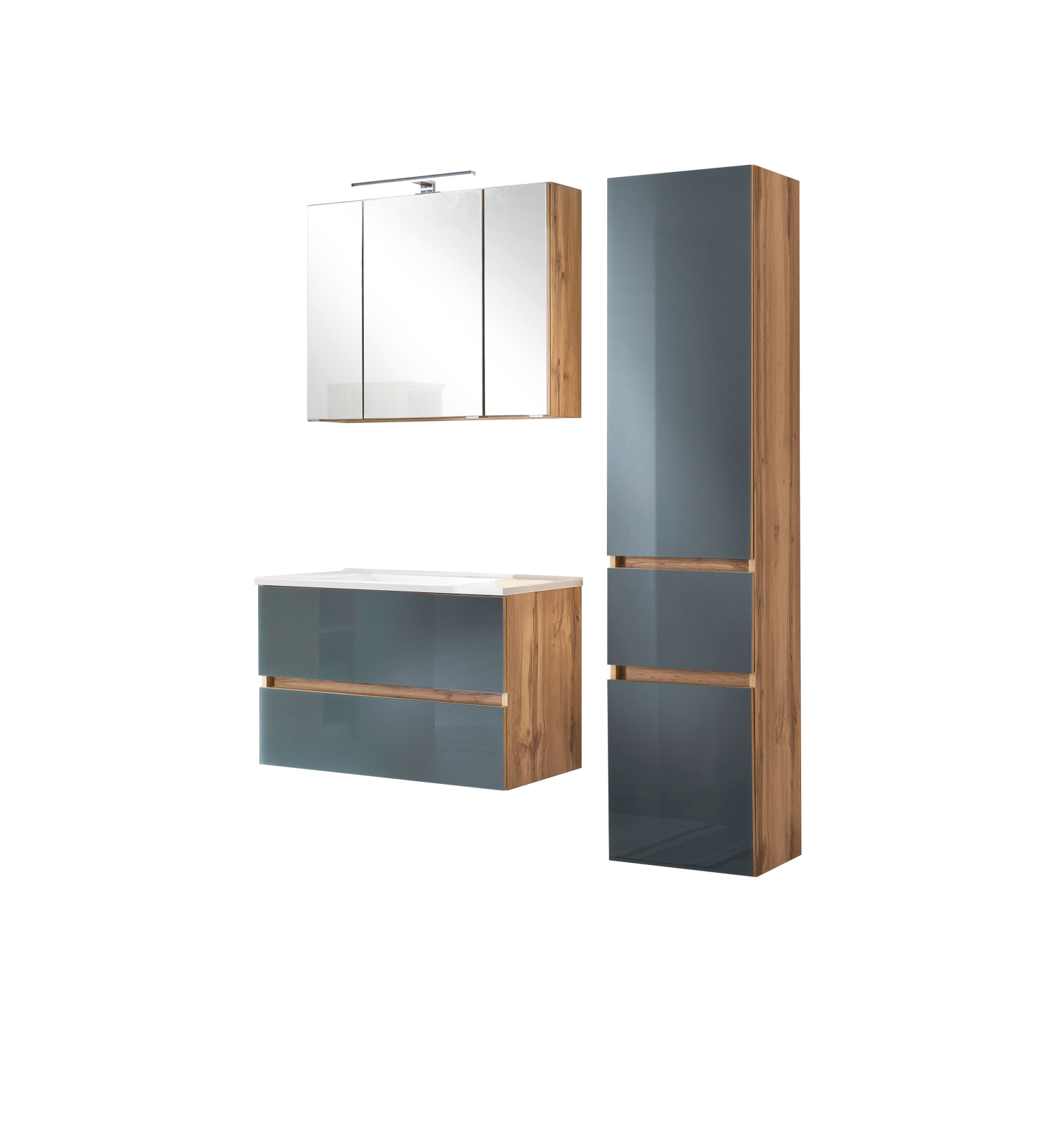 3-teiliges Badmöbel-Set HELSINKI - grau Hochglanz-Wotaneiche - 120 cm breit