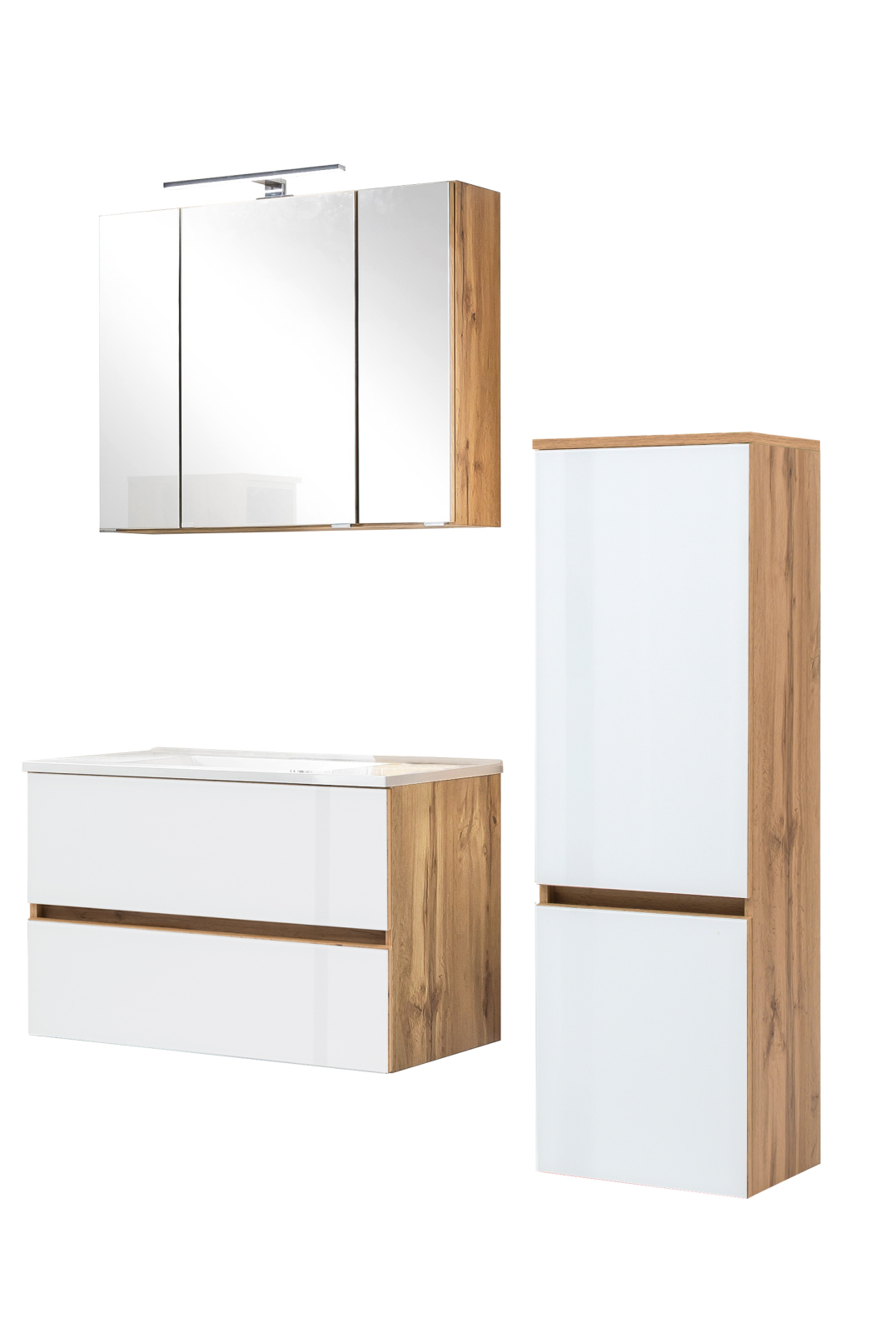 3-teiliges Badmöbel-Set HELSINKI - weiß Hochglanz-Wotaneiche - 120 cm breit