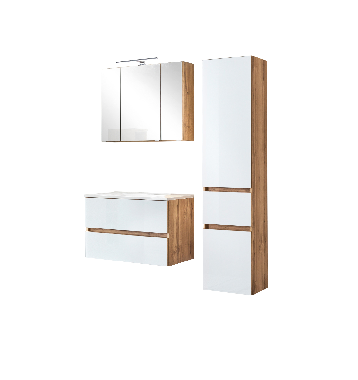 3-teiliges Badmöbel-Set HELSINKI - weiß Hochglanz-Wotaneiche - 120 cm breit
