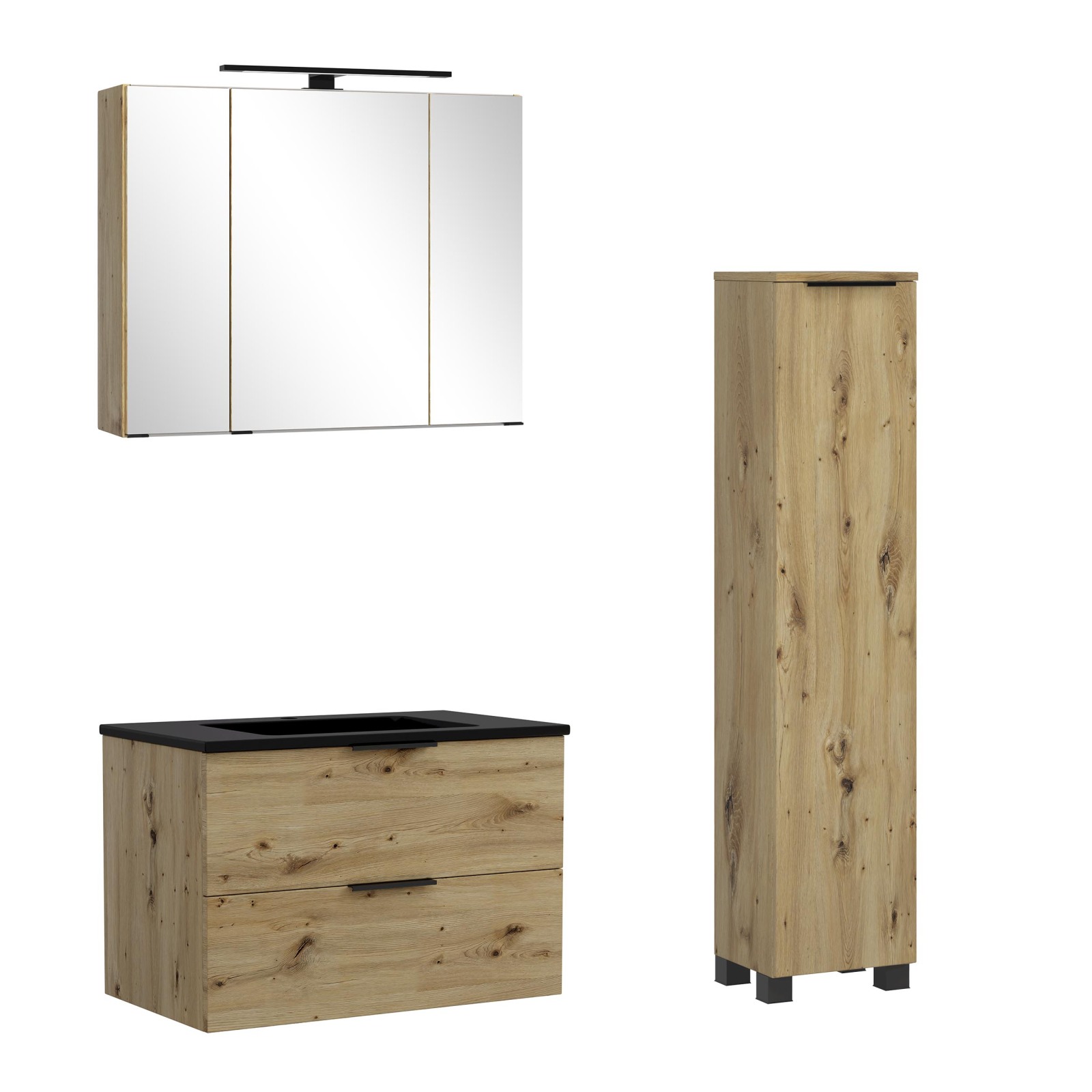 3-teiliges Badmöbel-Set SEVILLA - Artisan Eiche - LED-Beleuchtung - 80 cm