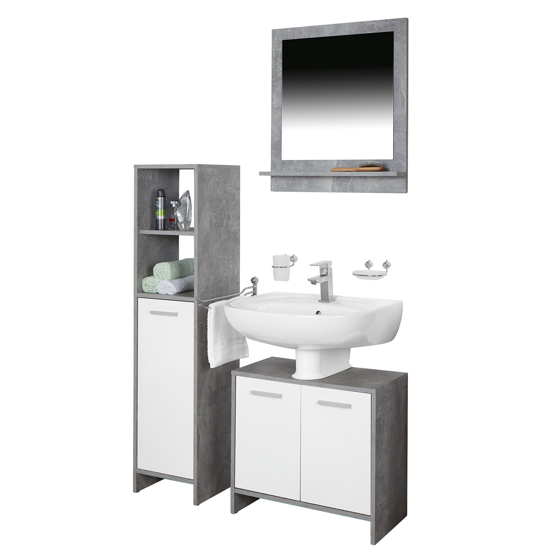 3-teiliges Badmöbel-Set - weiß-Betonoptik