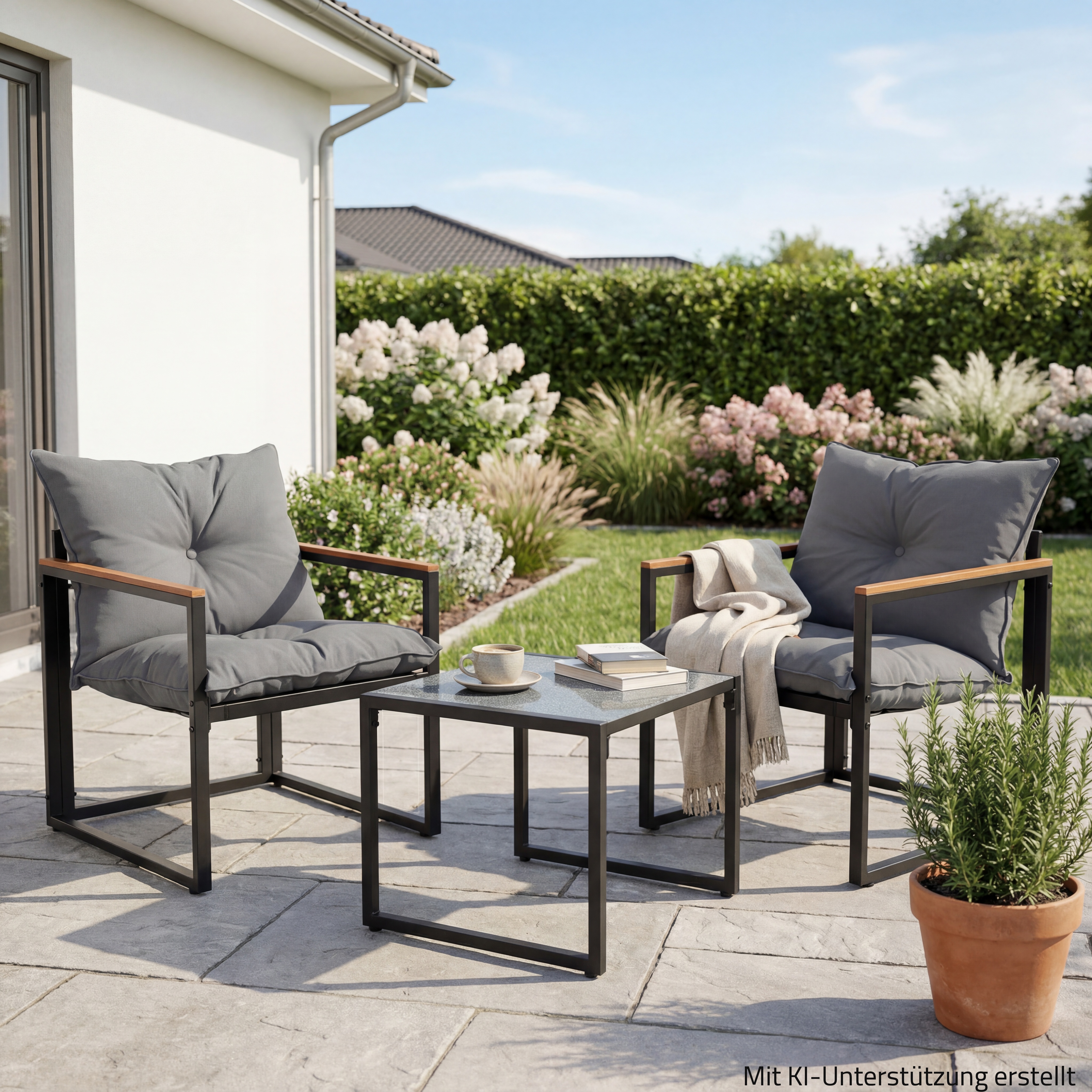3-teiliges Bistro-Set - grau-schwarz - Glas-Tischplatte