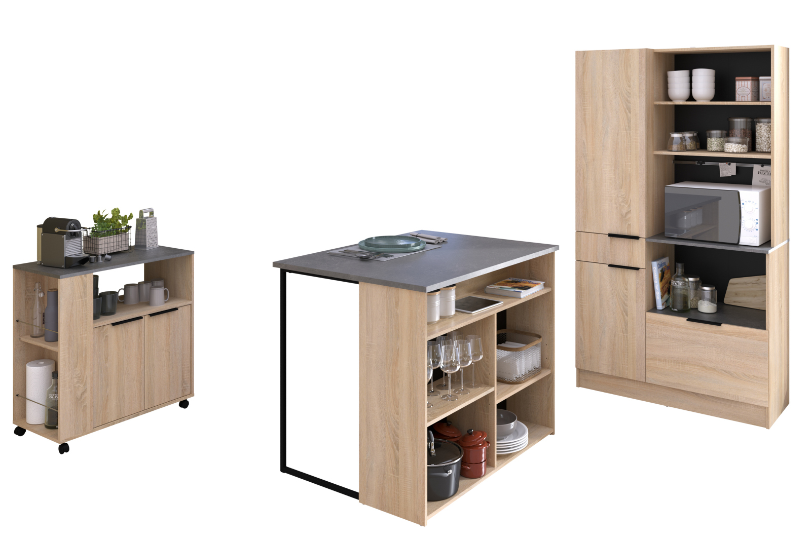 3-teiliges Buffet-Set FUMAY 3 - Eiche - Beton-Optik