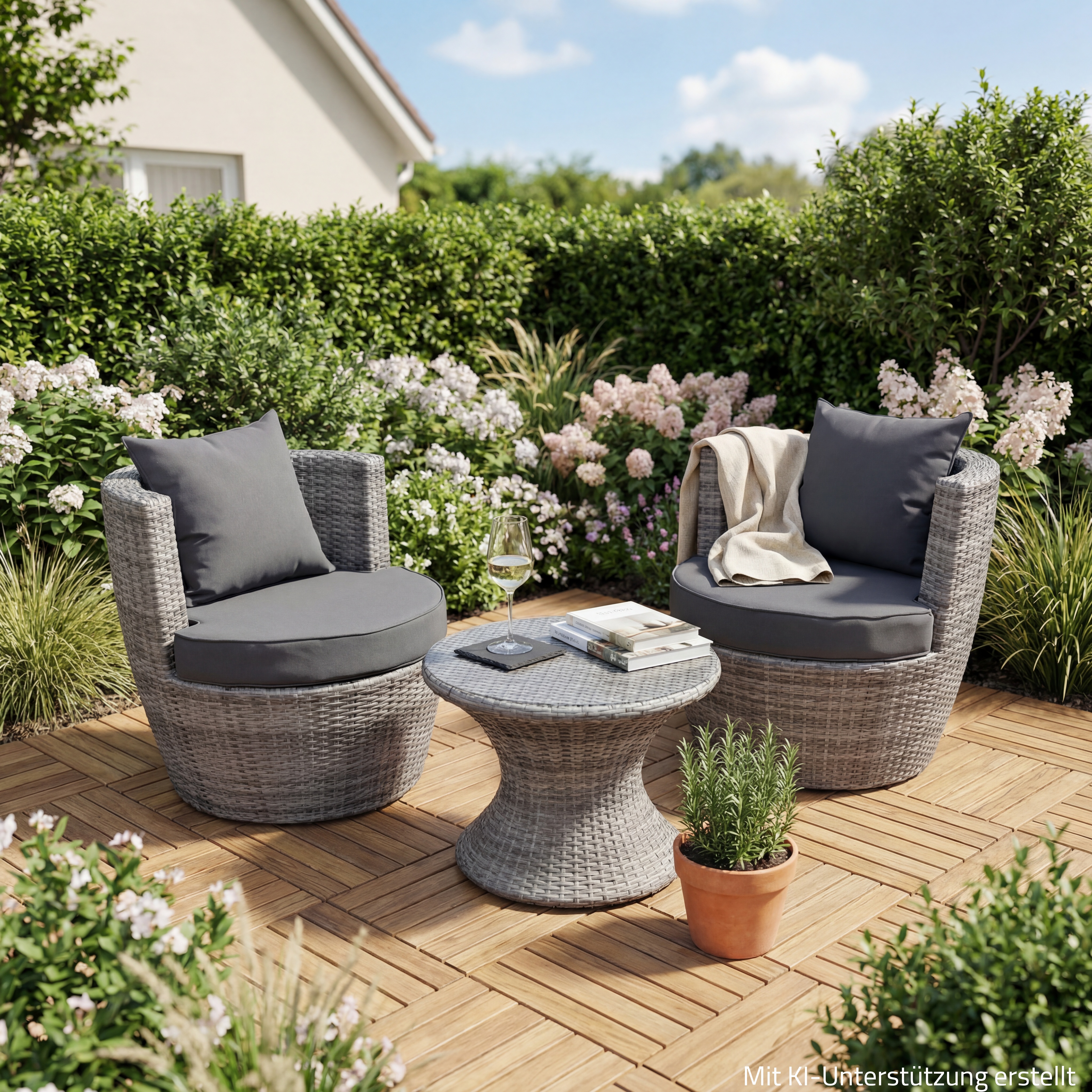 3-teiliges Club-Set LINZ - grau - Polyrattan - stapelbar
