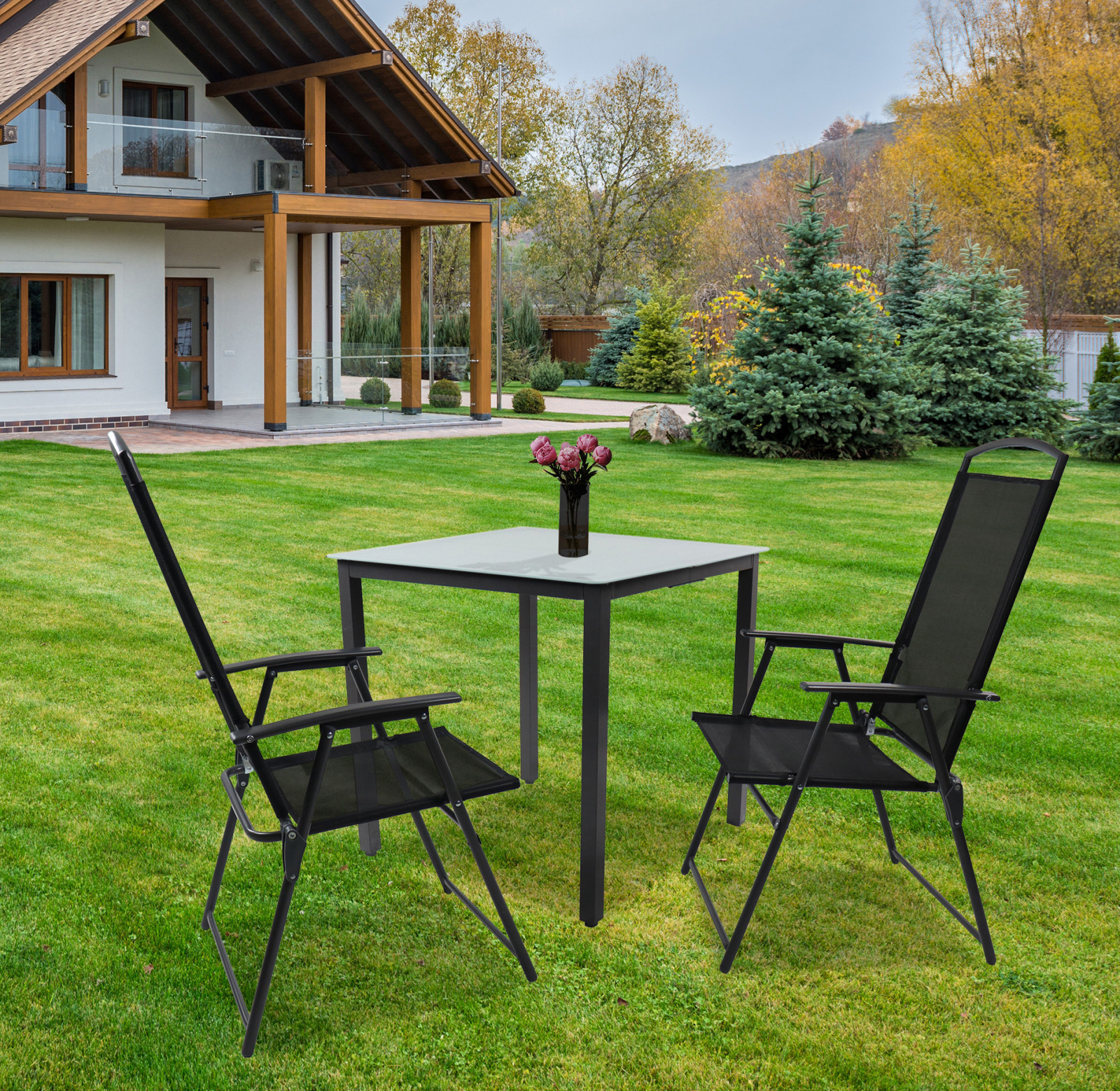 3-teiliges Gartenmöbel-Set - anthrazit - Glastisch - klappbare Stühle