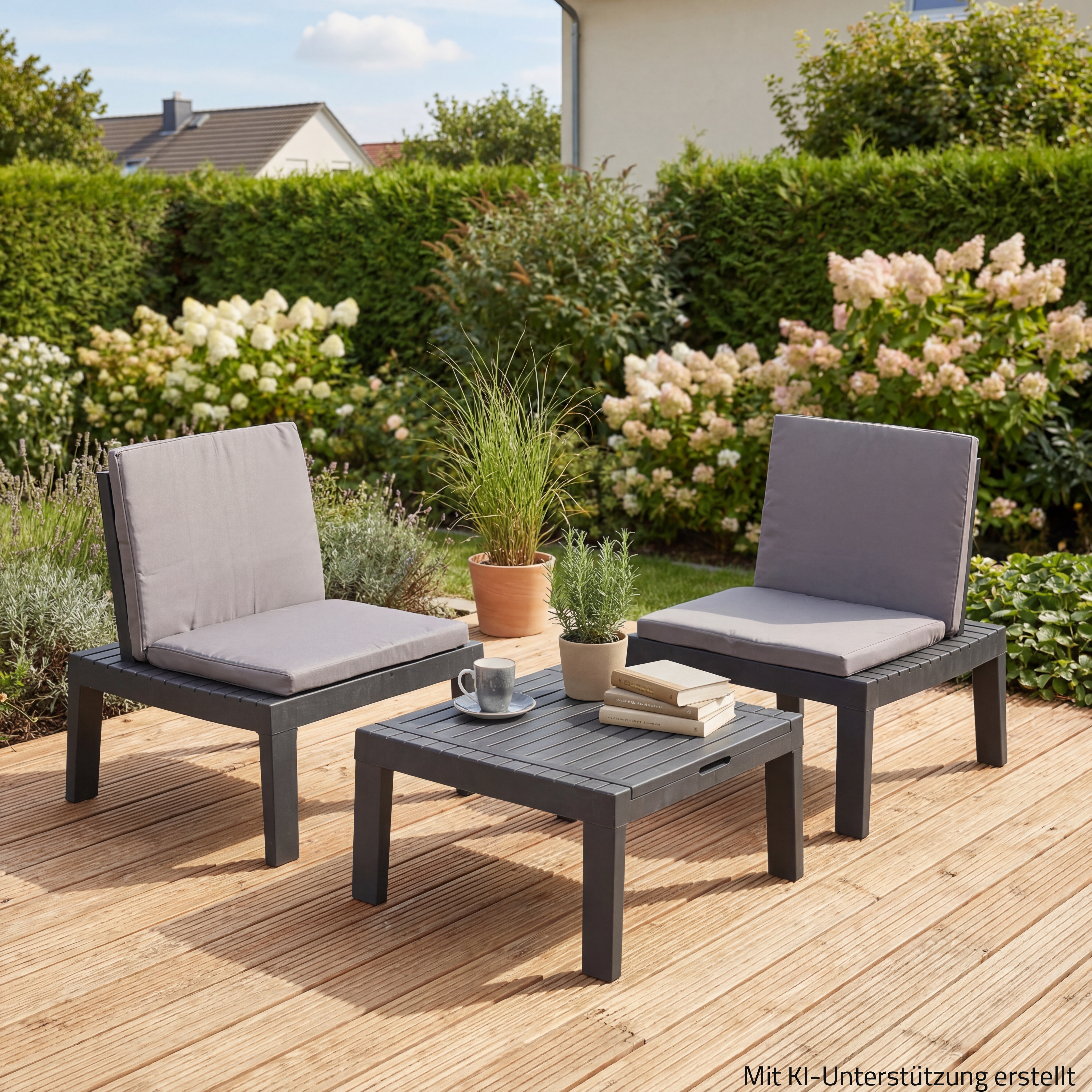 3-teiliges Gartenset - anthrazit - mit Kissen